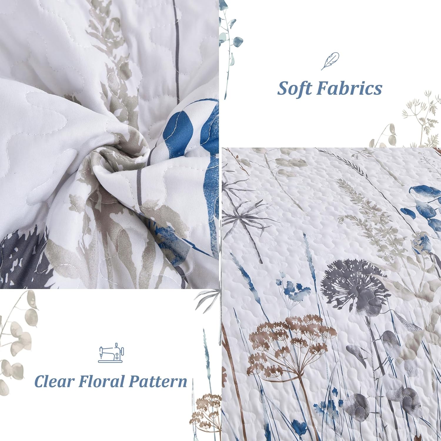 Dobuyly Blue Floral King Quilt Set 3pcs