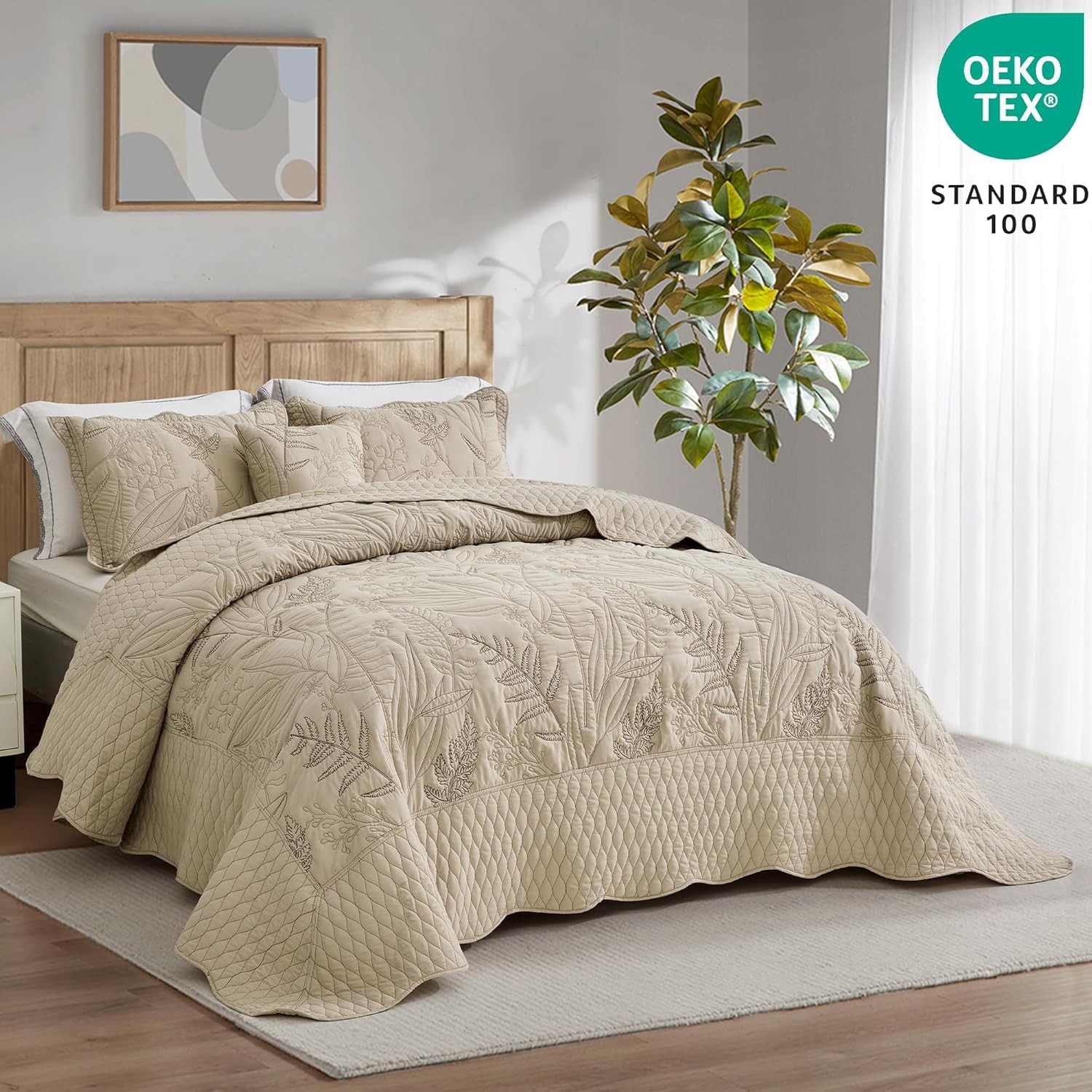 Botanical Bedspread Full Size Set - Leaves Pattern Stitched Quilt Cover