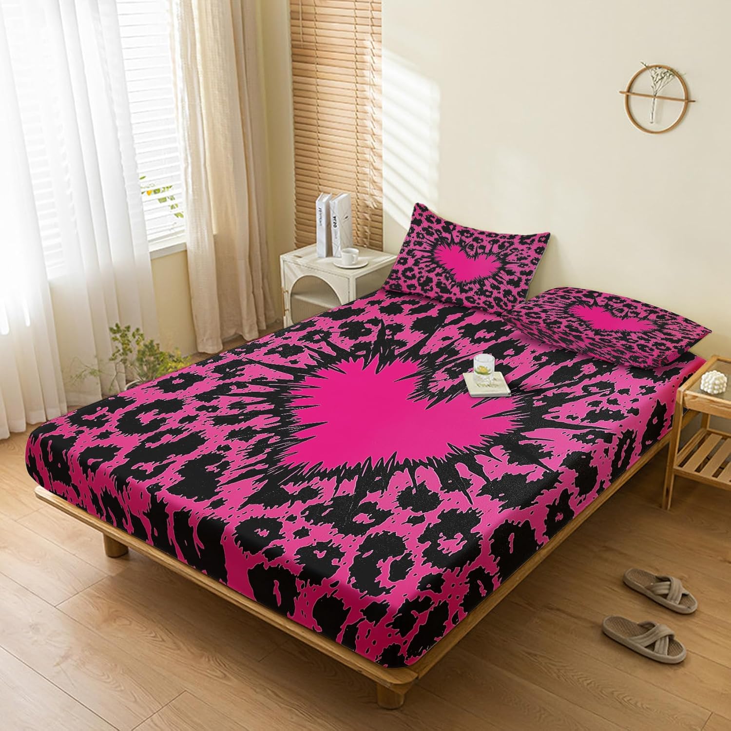 Heart Sheets California King Hot Pink Leopard Print 4-Piece Set