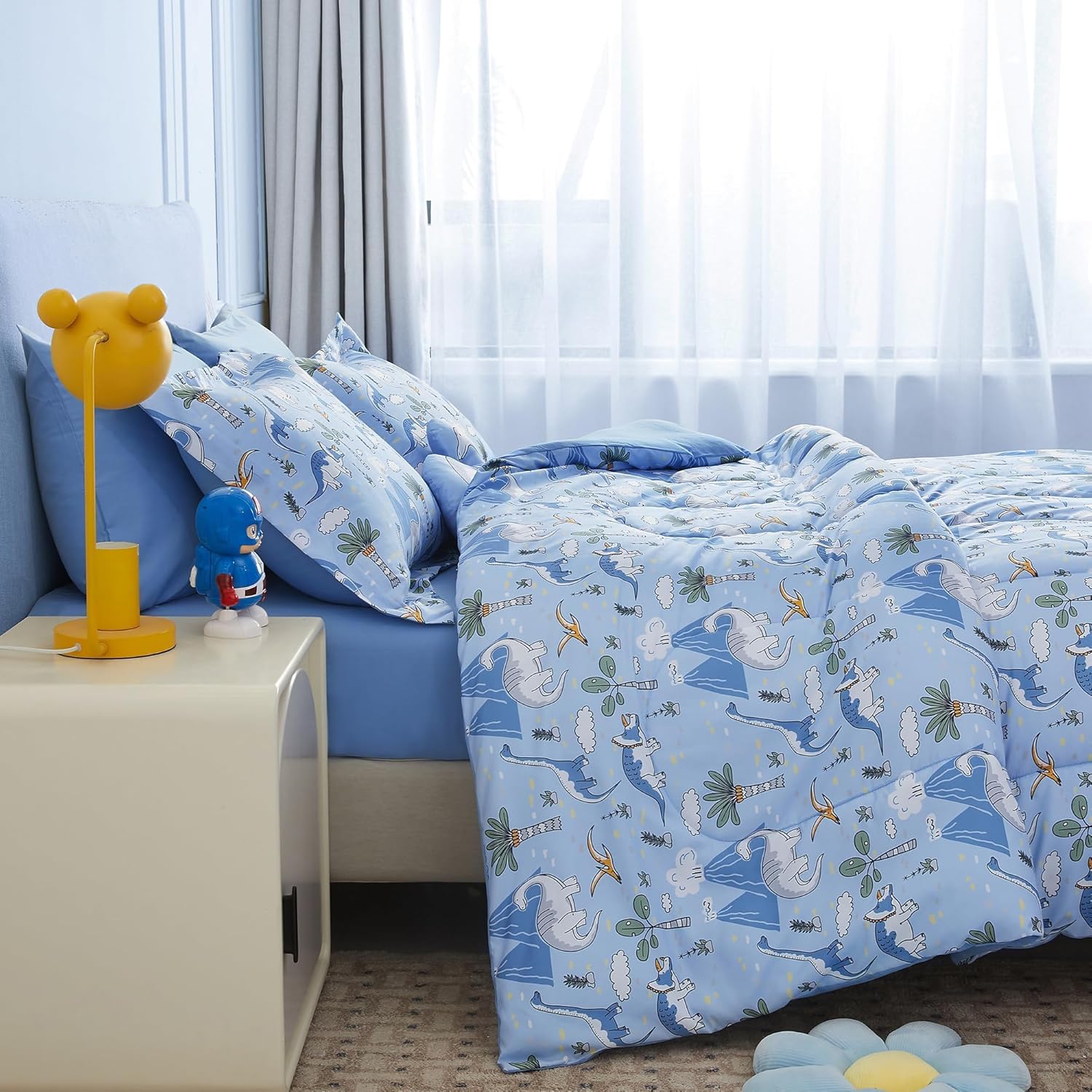 Mooreeke Kids Twin Comforter Set Dinosaur Blue 6PCS
