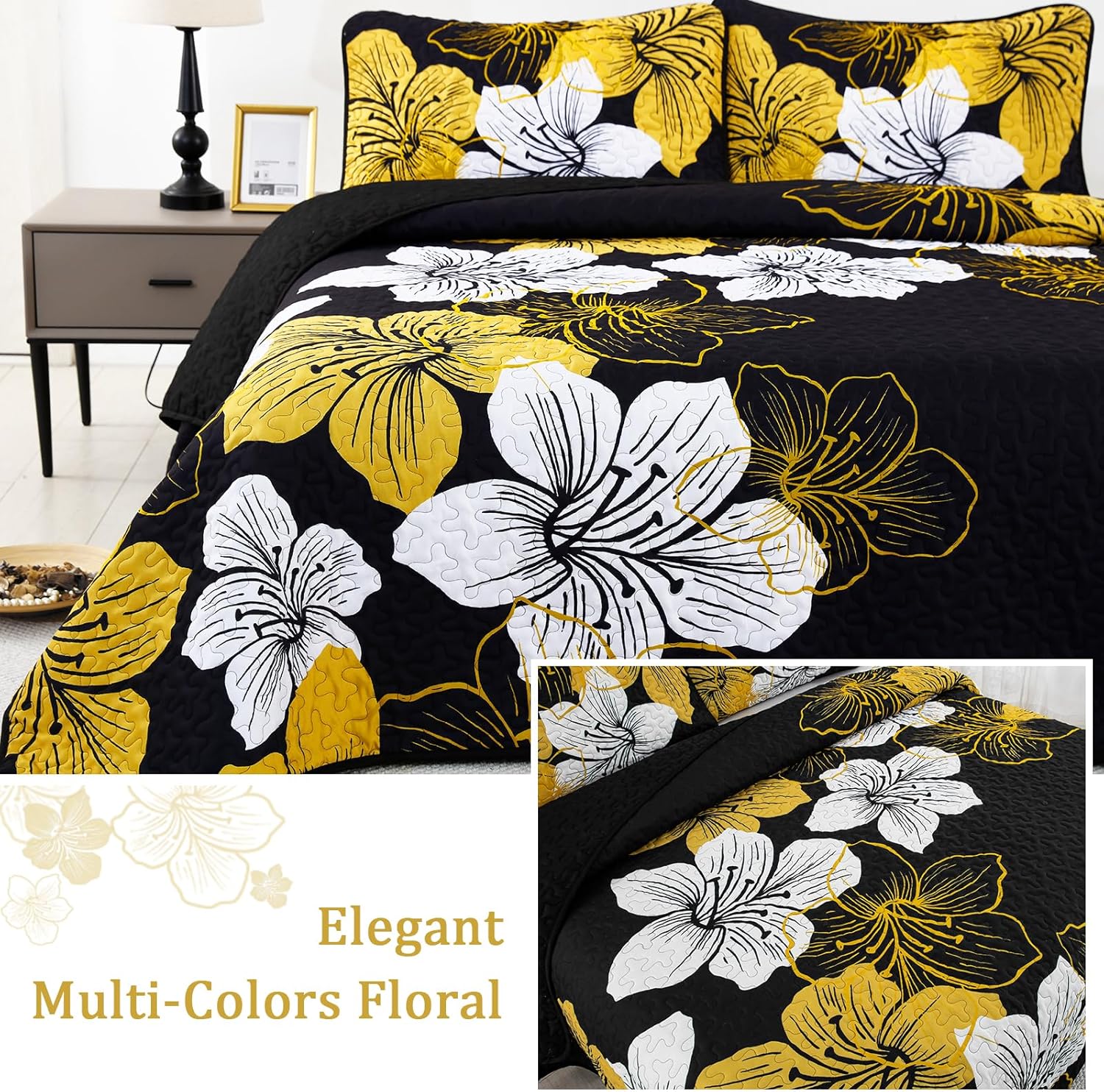 DJY 3 Piece Quilt Set Cal King Gold Floral