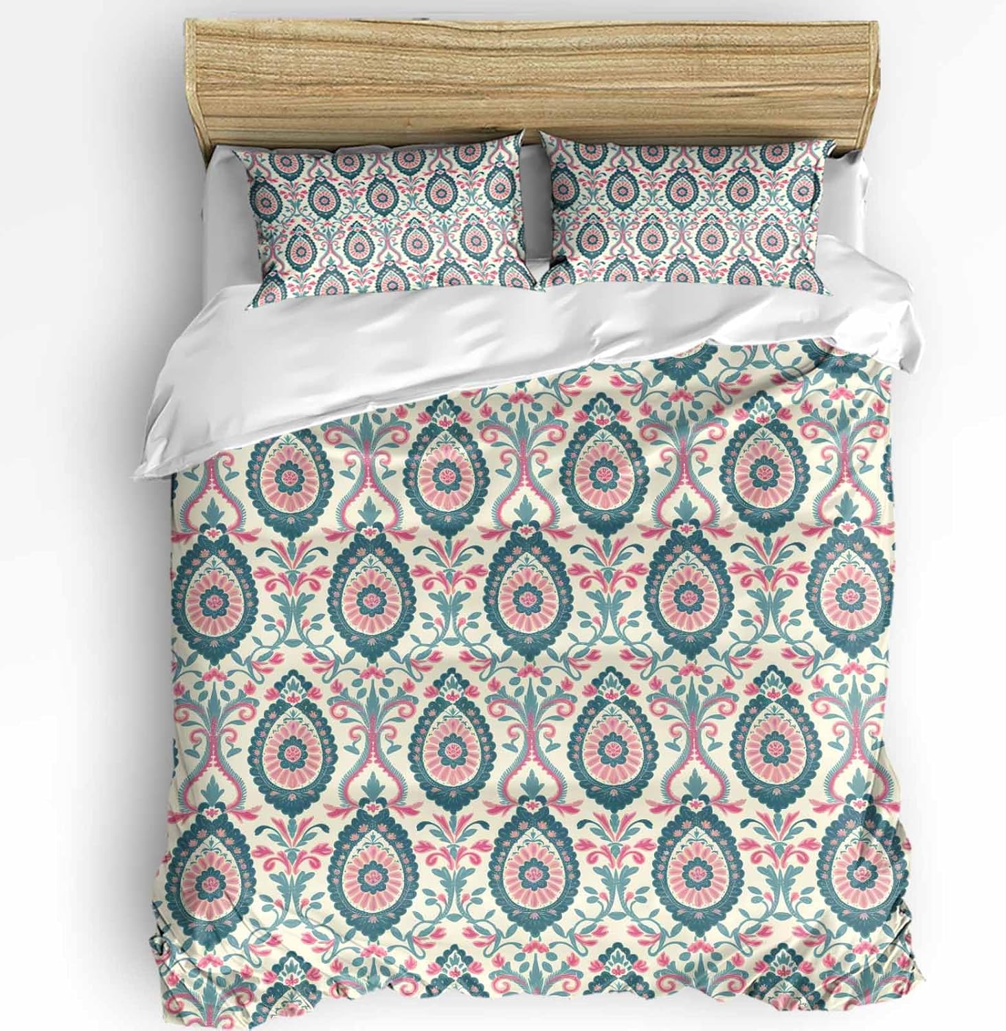 3 Piece Boho Floral Duvet Cover Set with Zipper Closure
