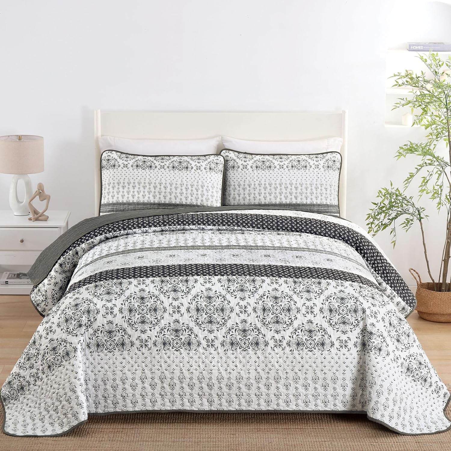Dintszyayue Boho Quilt Set Queen Size Grey Striped