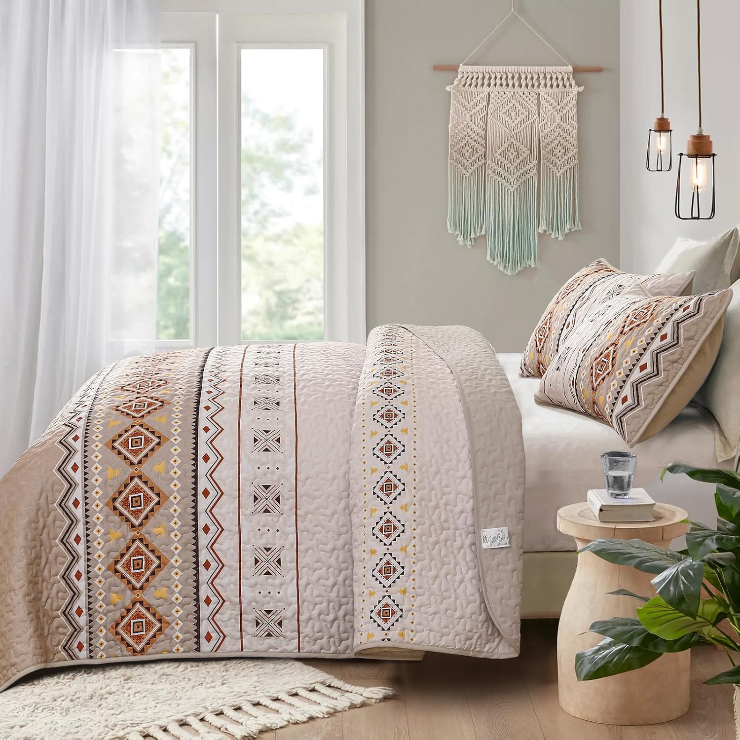 WONGS BEDDING Boho Beige Quilt Set Queen Size