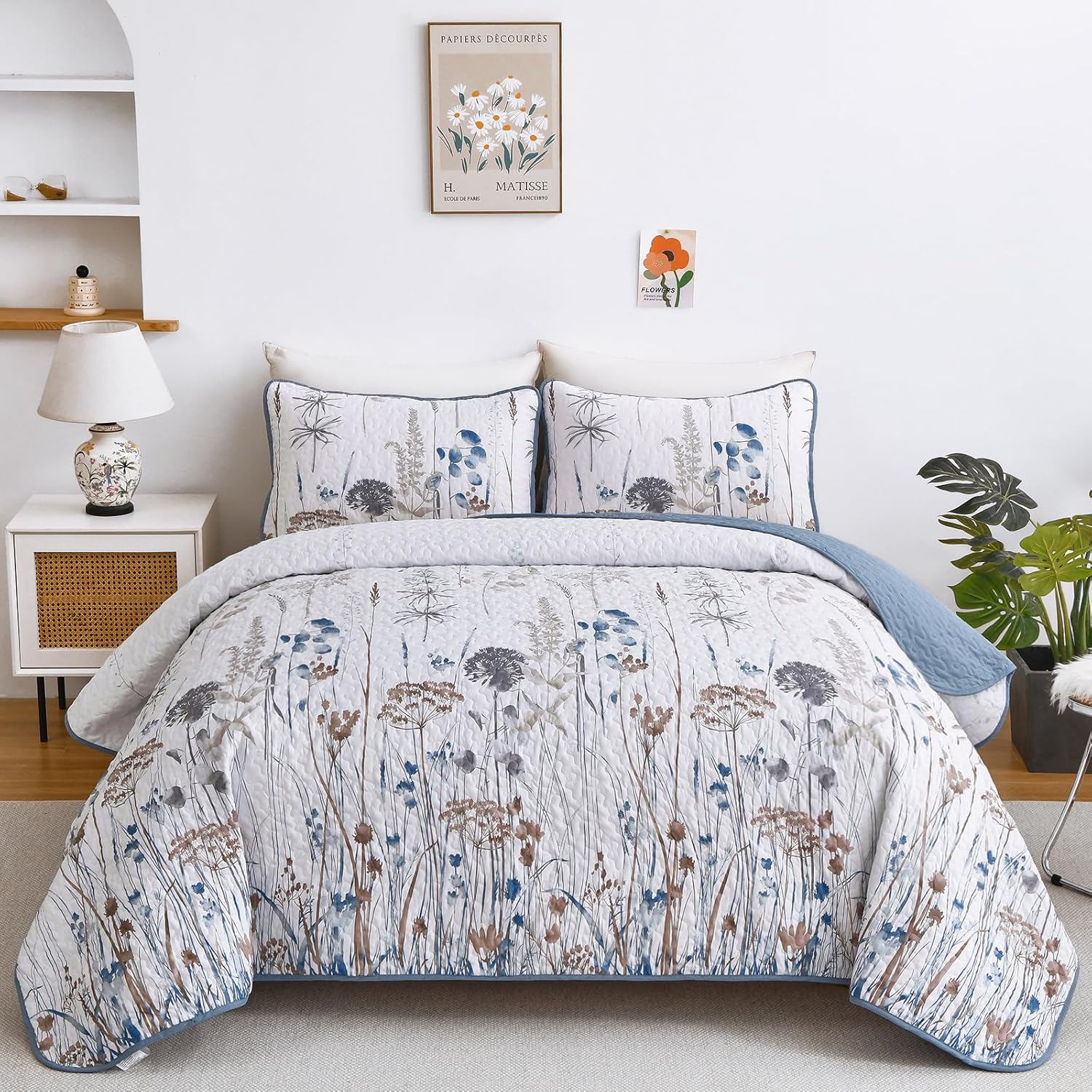 Dobuyly Blue Floral King Quilt Set 3pcs