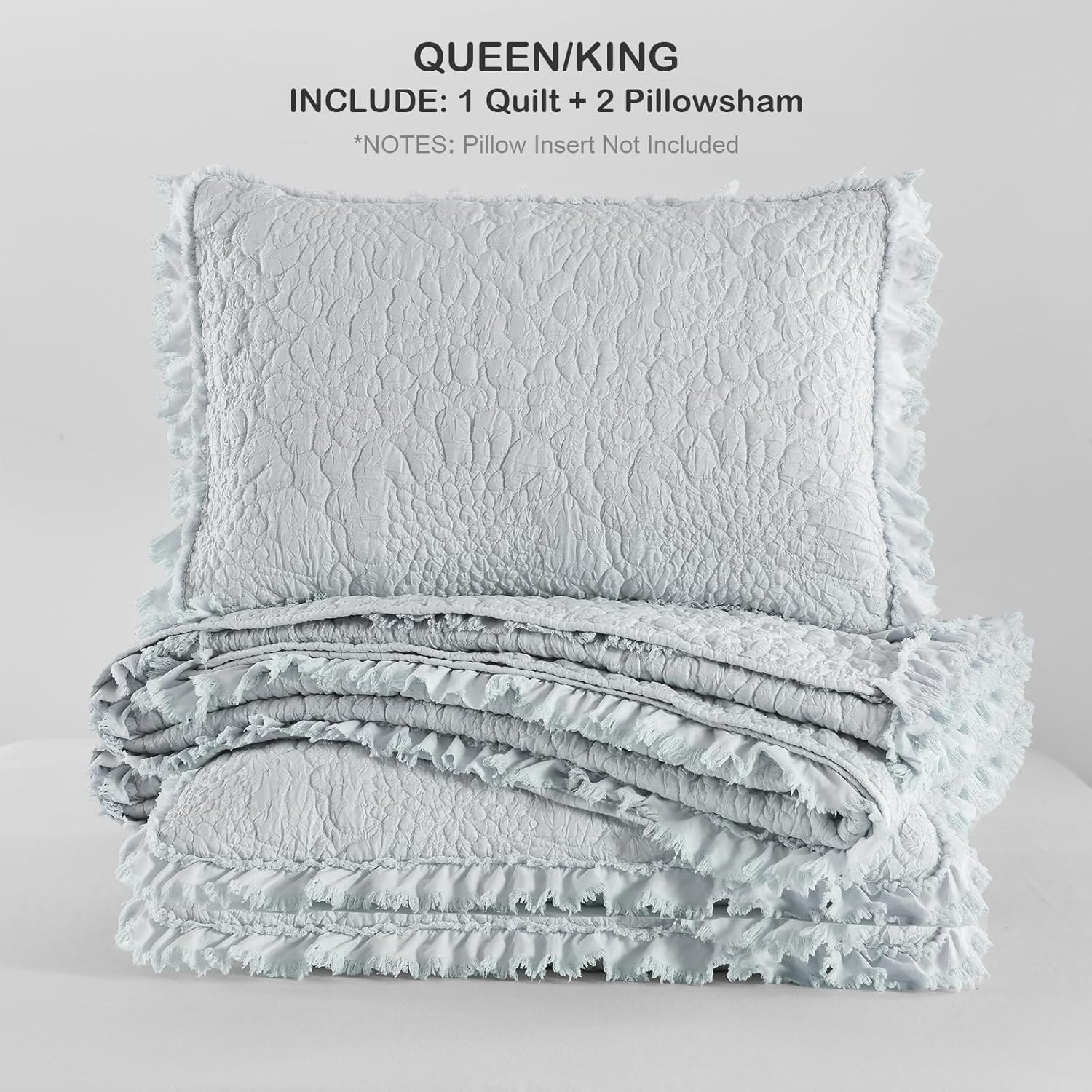 Light Blue Ruffled Quilt Queen Size Set