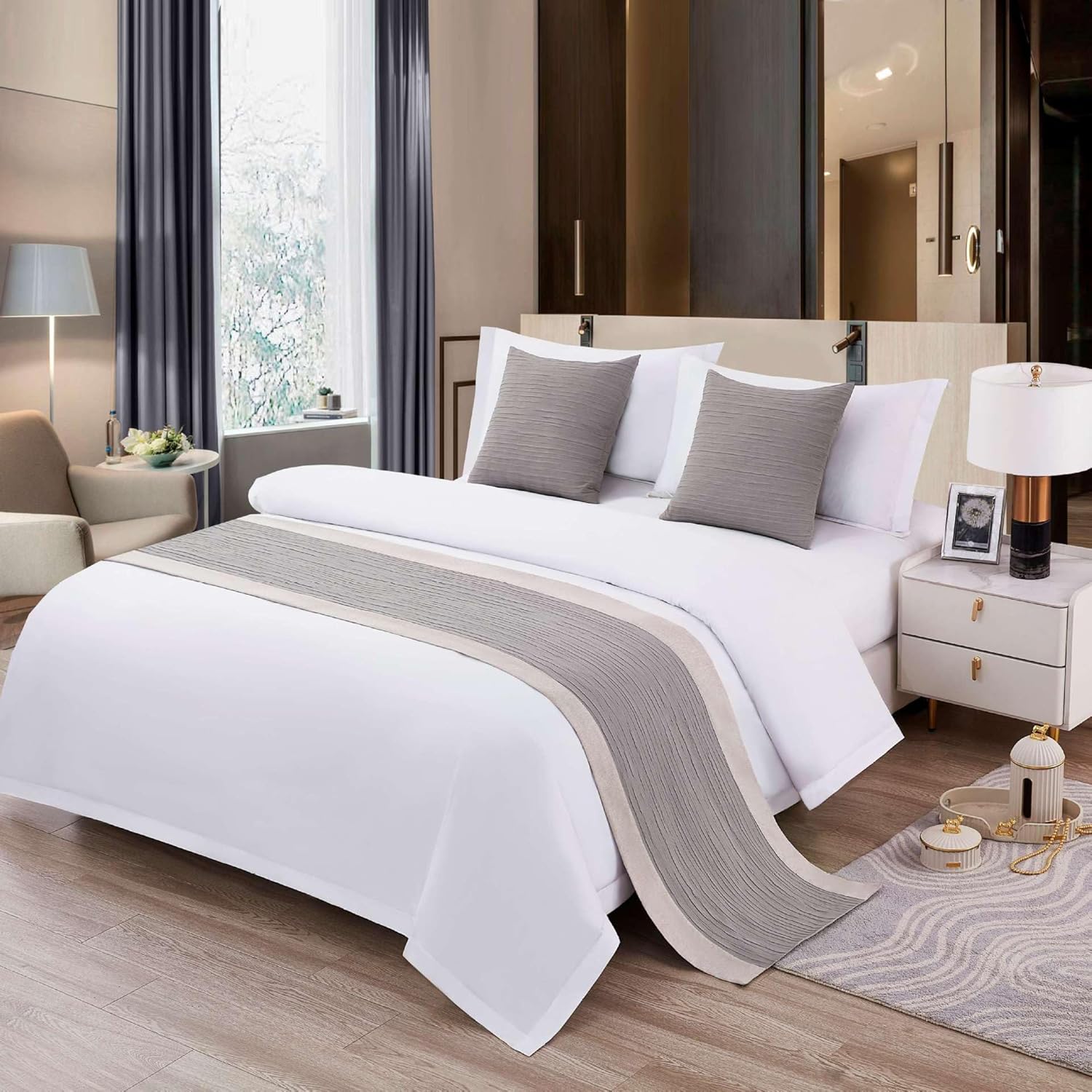 Cotton Linen Bed Runner Queen King Size Grey 210x50cm