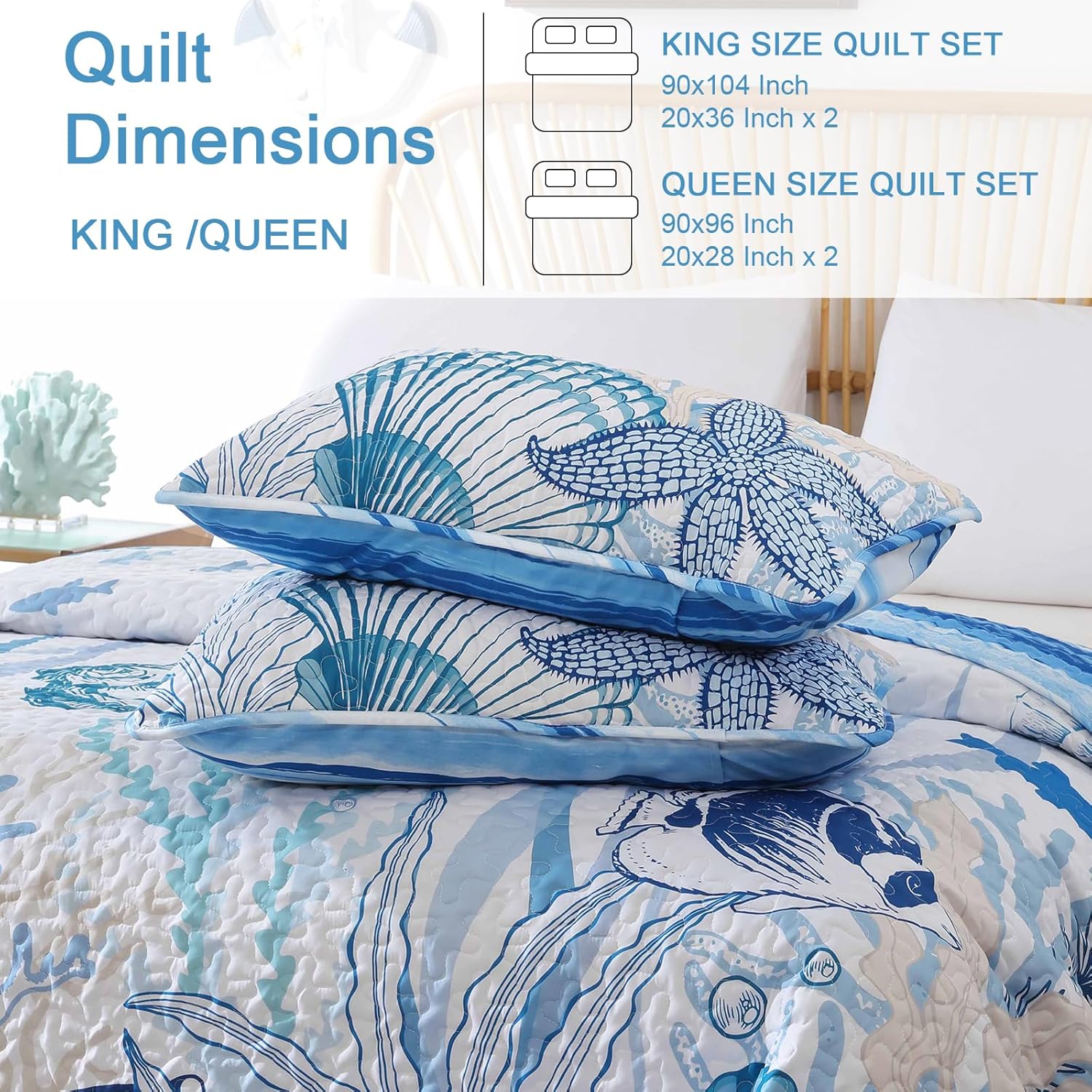 Coastal Quilt Set 3 Piece Queen Size Blue