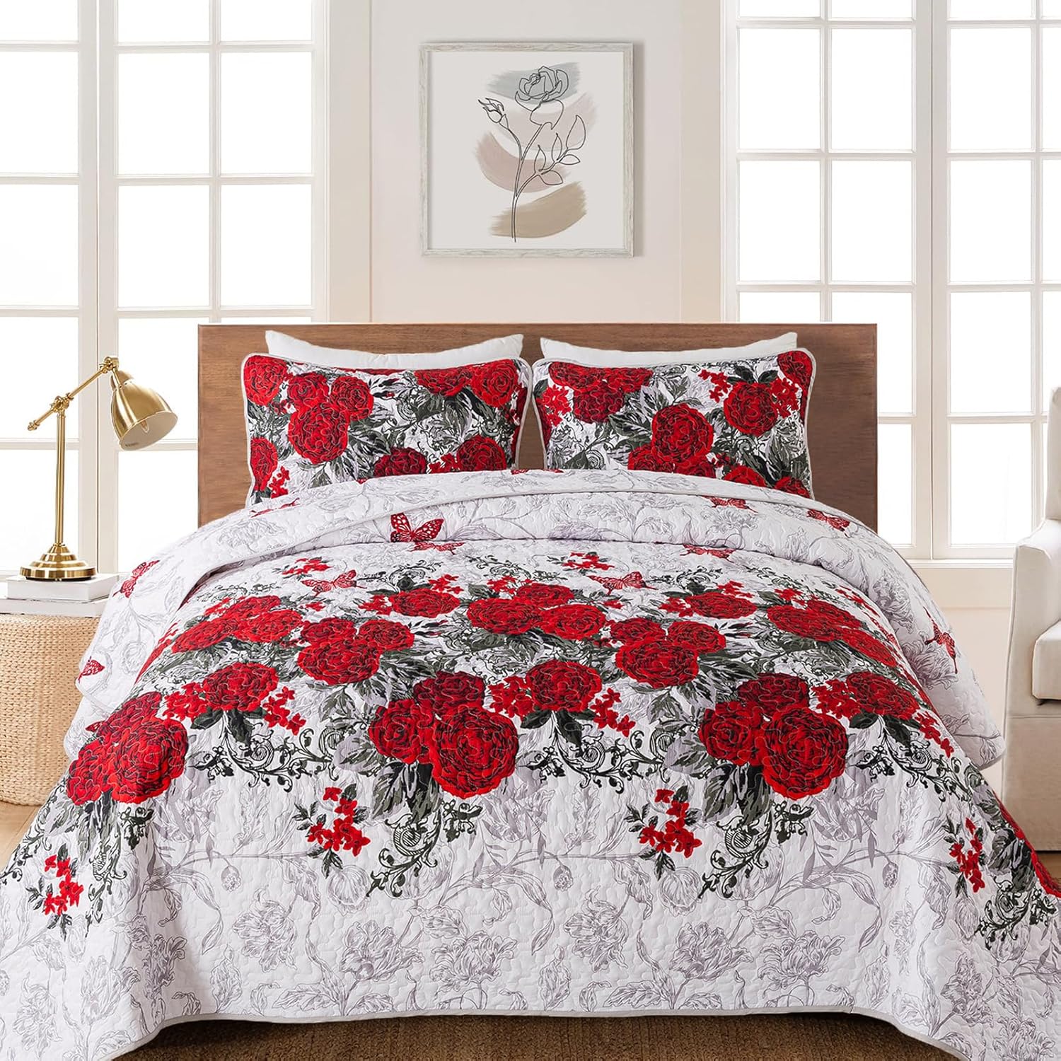Yiran Red Floral Quilt Set King 3 Pieces