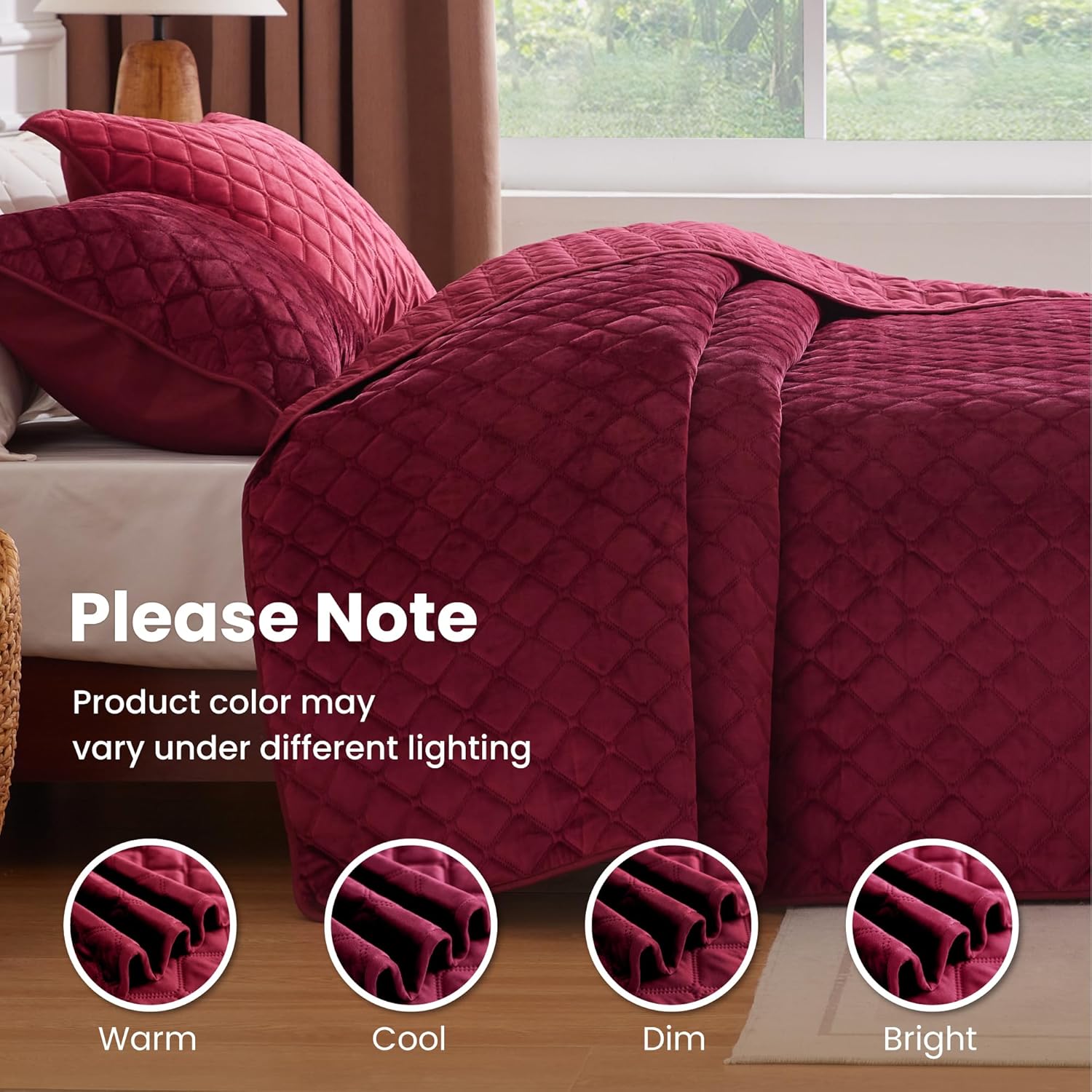 Sophia William Velvet King Quilt Set 3D Air Layer Super Soft Lightweight Burgundy