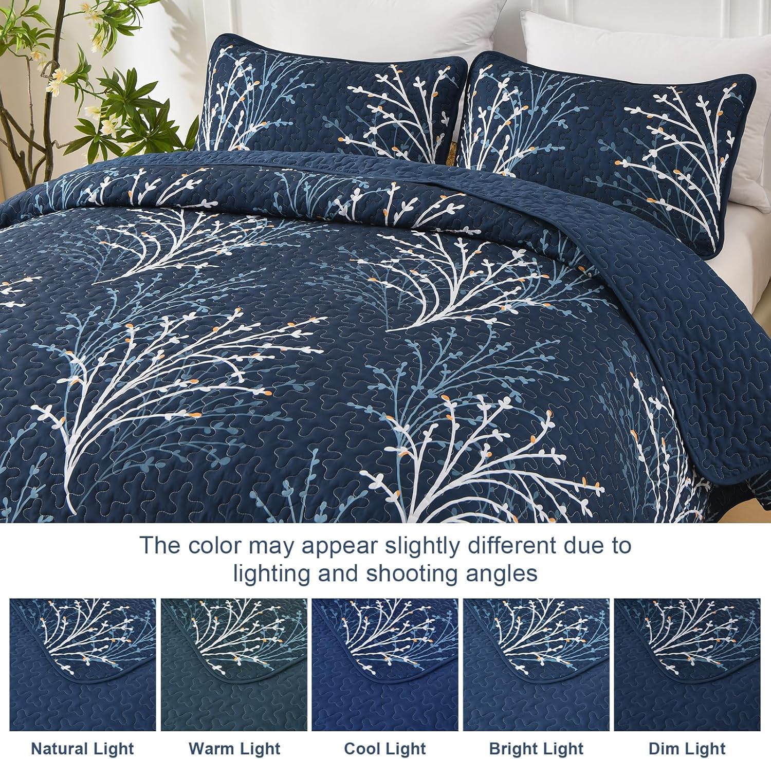 Navy Botanical Quilt Set - 3 Piece Microfiber Reversible Bedding 1