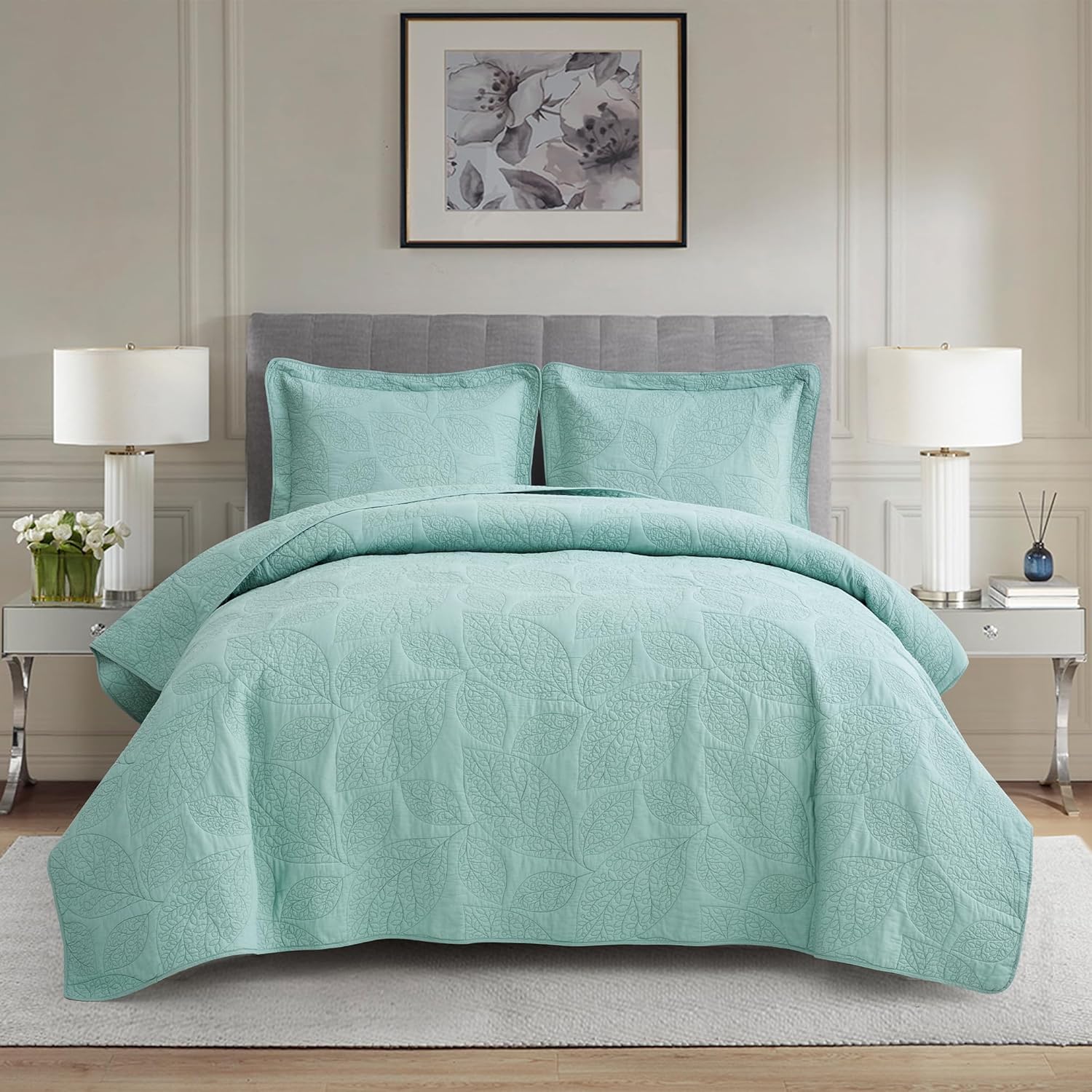 CHIXIN Botanical Cotton Quilt Queen Size - Seaglass