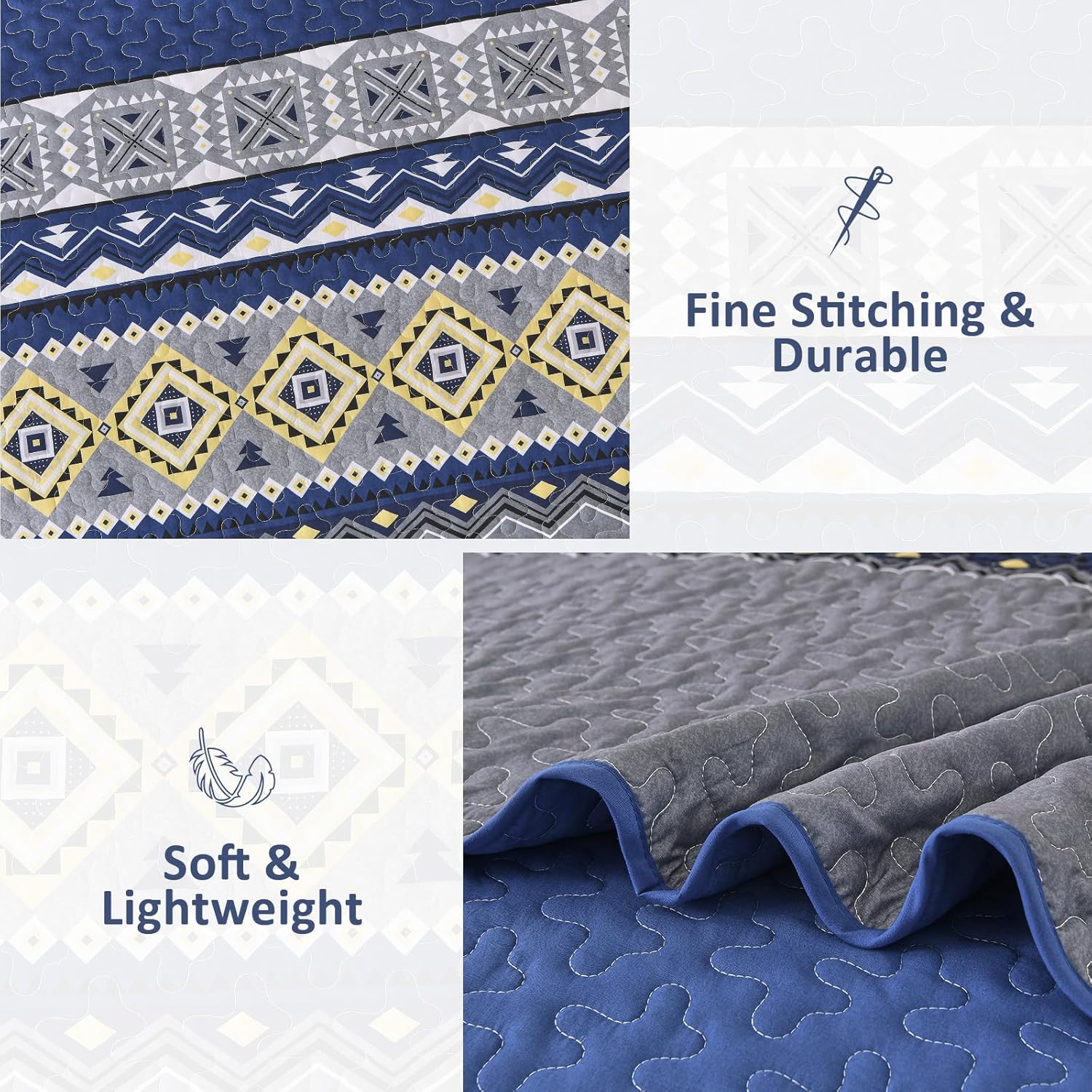 Wongs Bedding 3-Piece Quilt Set Queen Size Navy Blue