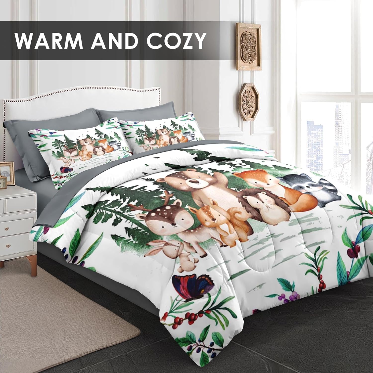 Pamnest Queen Comforter Set with 7 Pcs Woodland Animal Design