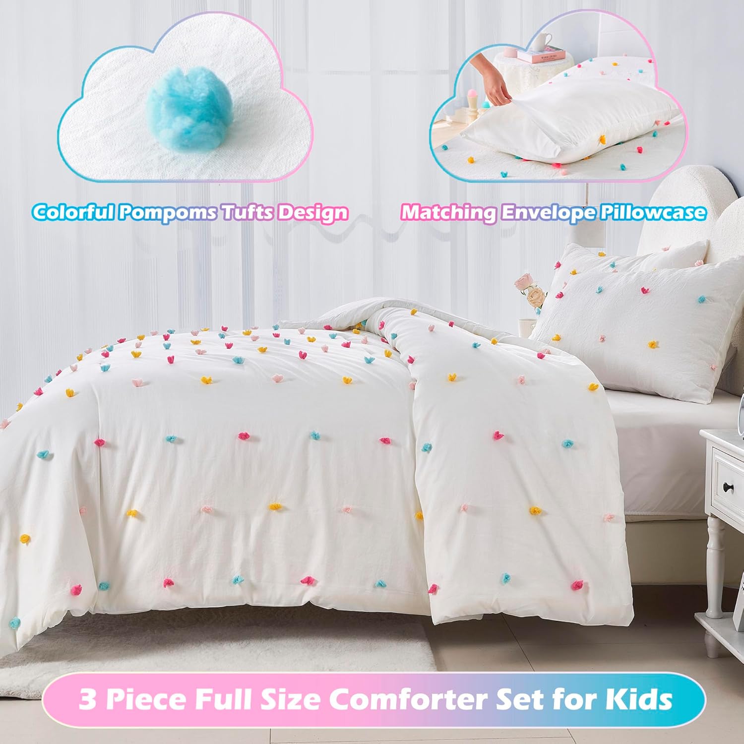 VIVILINEN Kids Comforter Set with Pom Pom Design