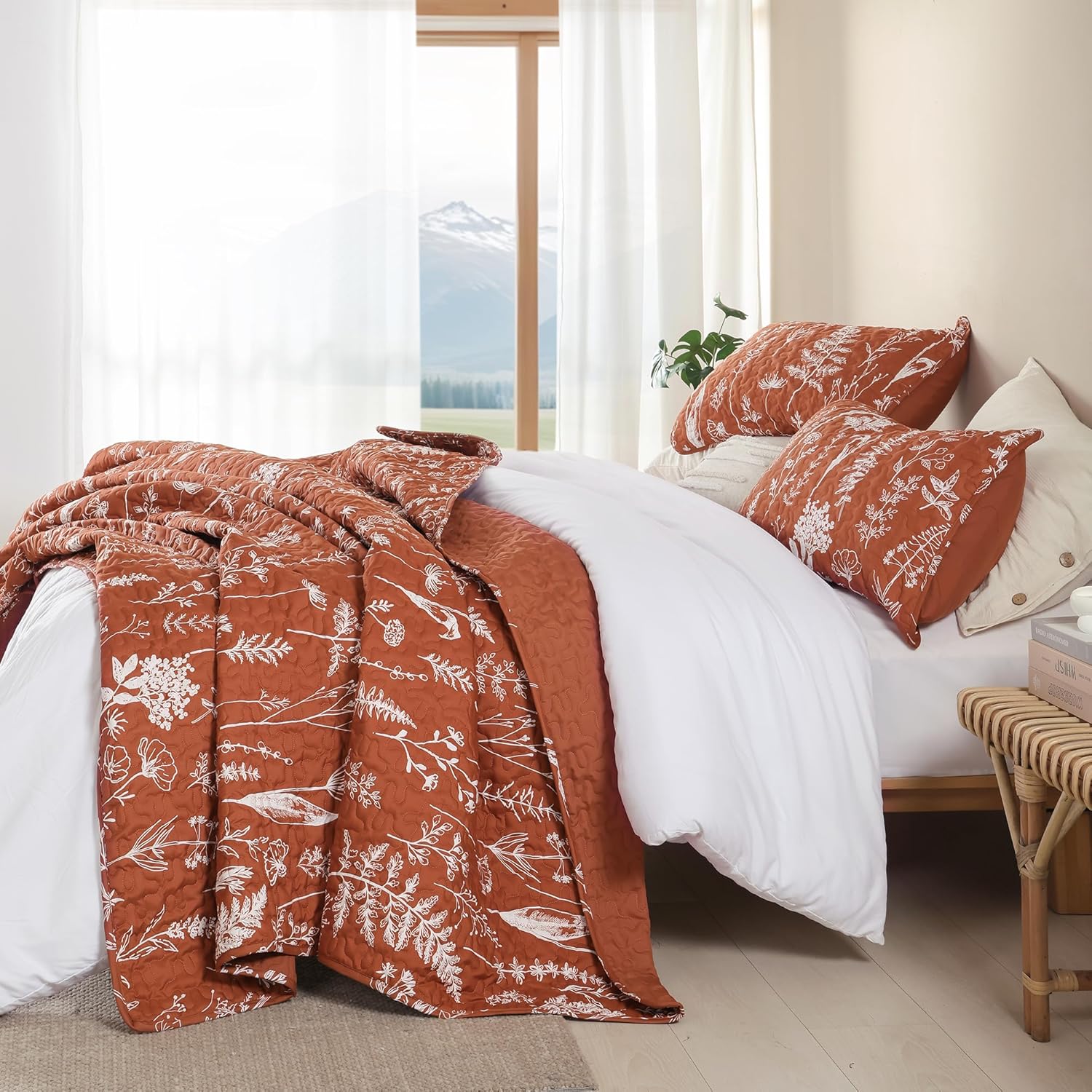 JANZAA Queen Size Floral Bed Spread with Botanical Pattern
