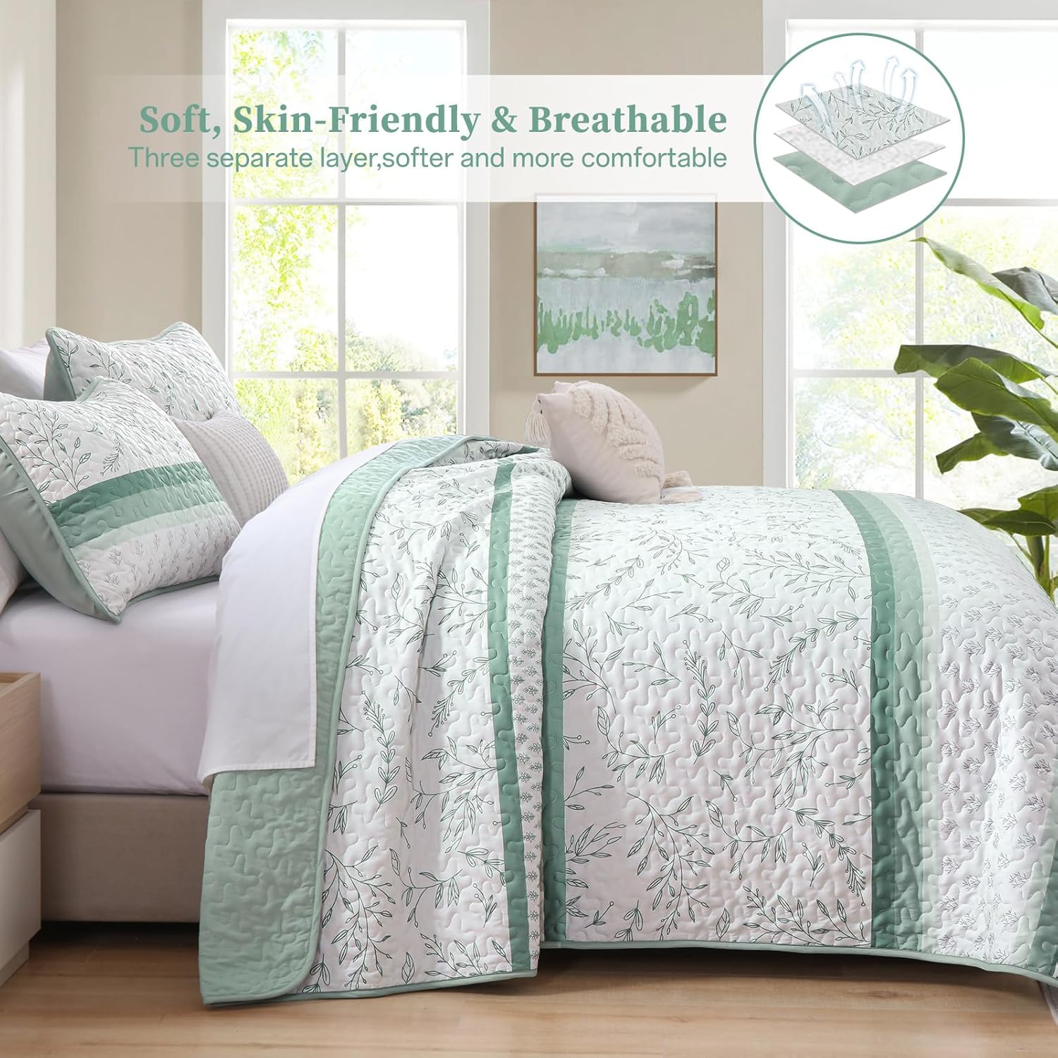 DJY Green Striped King Size Quilt Set with 2 Pillowcases