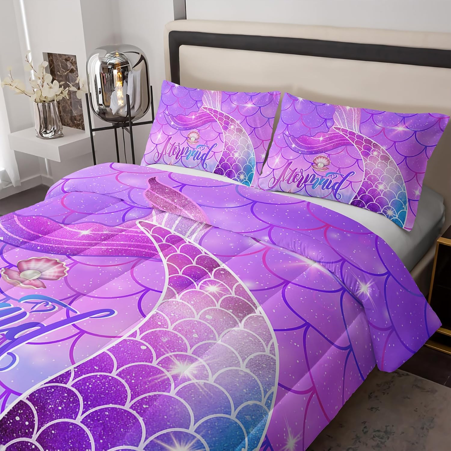 Mermaid Comforter Set Twin Rainbow Scales Purple Dream Bedding