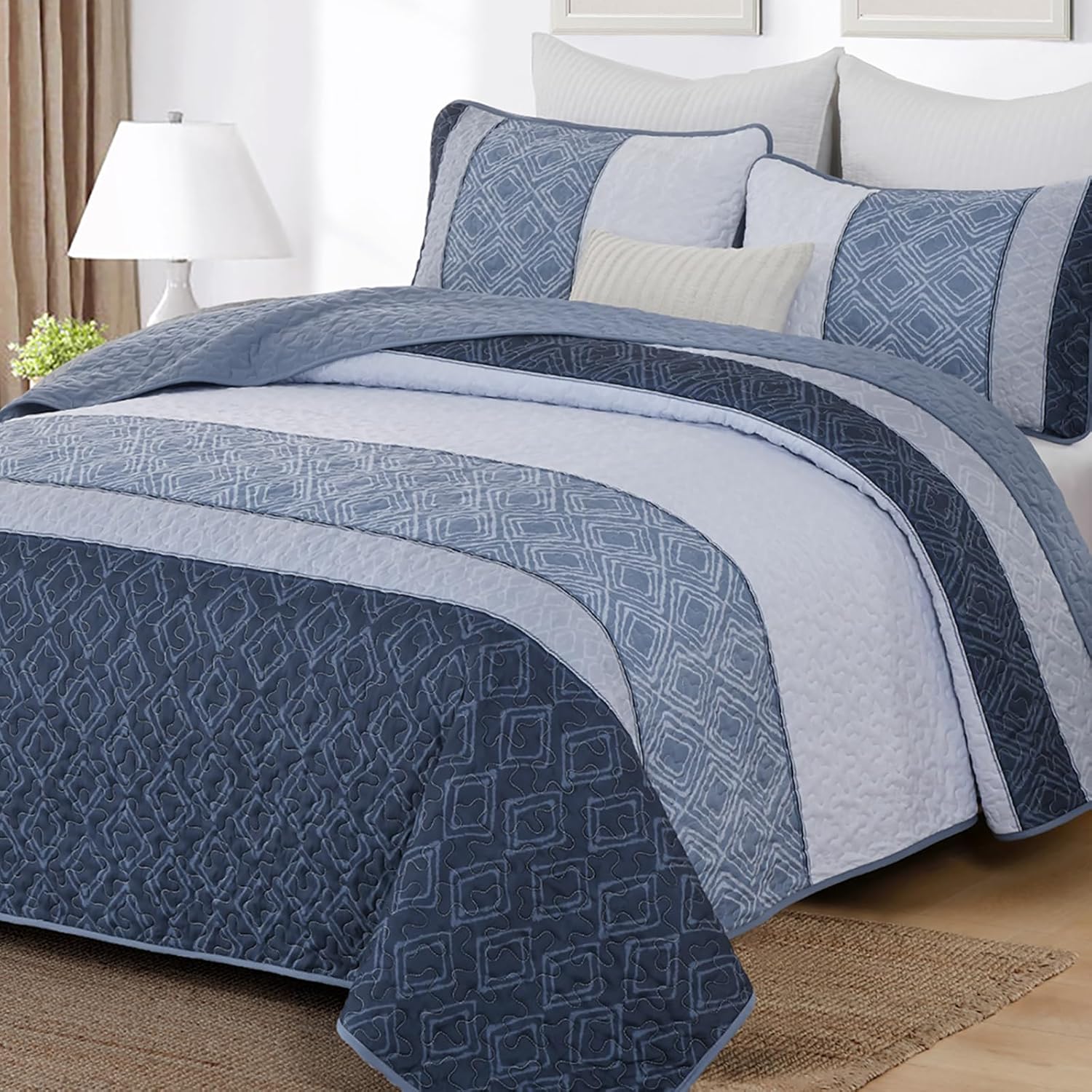 Cottolester King Size Quilt Set 3 Pieces Striped Plaid 1