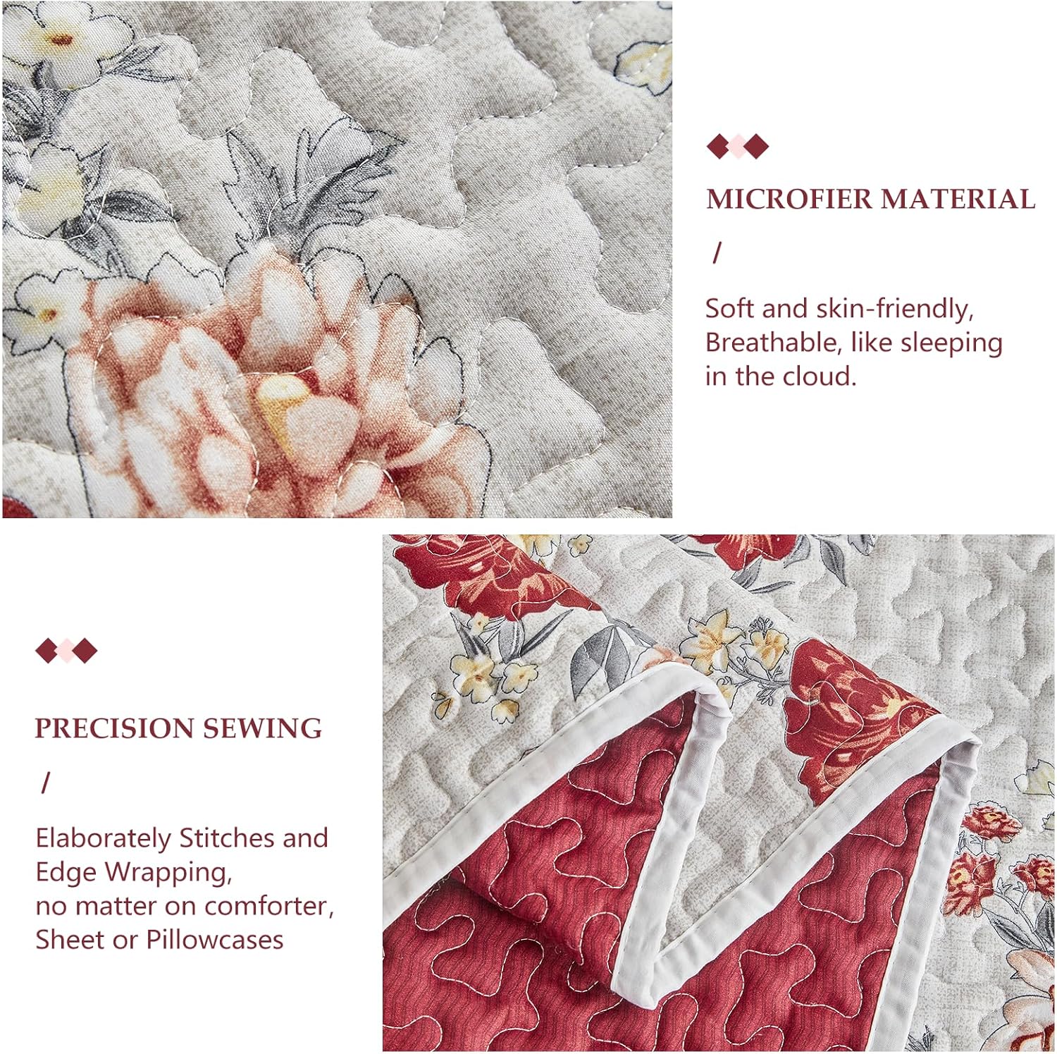 Floral Quilt Set 3 Pieces White with Red Roses