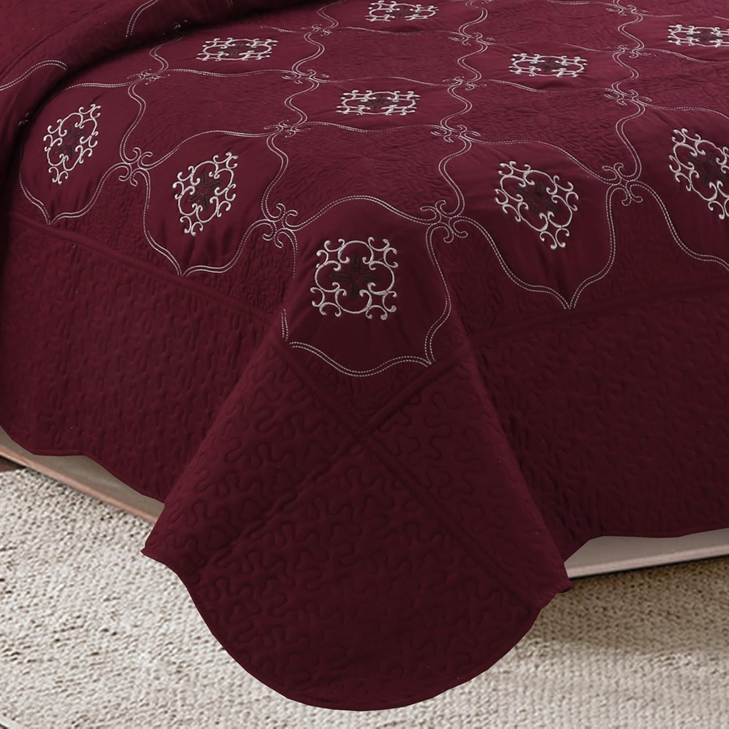 MarCielo 3-Piece Embroidery Quilt Set - Burgundy California King