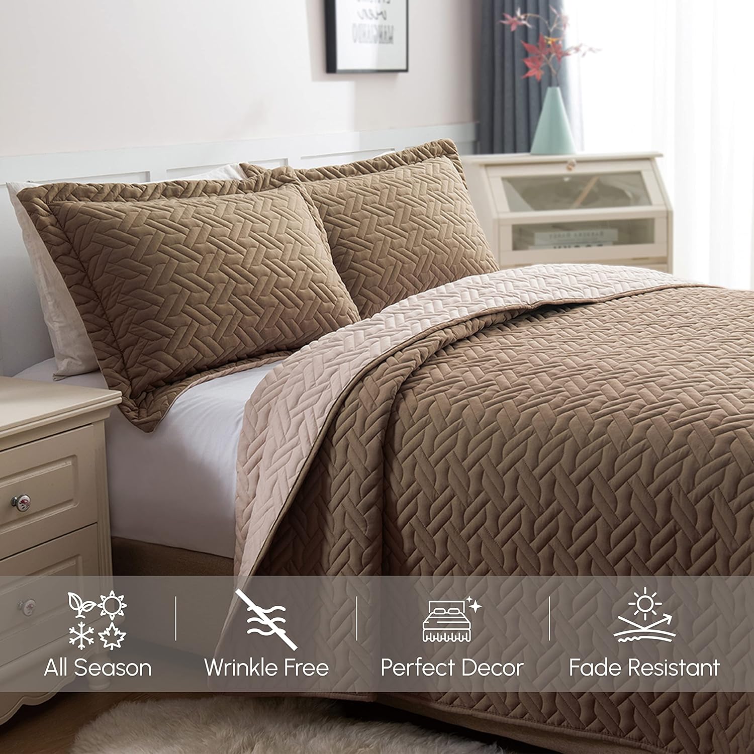 Elegant Comfort Reversible Quilt Set - 3 Piece Twin XL TaupeCream