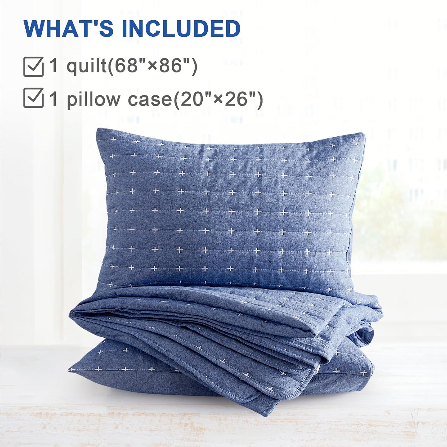 Blue 100 Cotton Queen Quilt Set with Shams