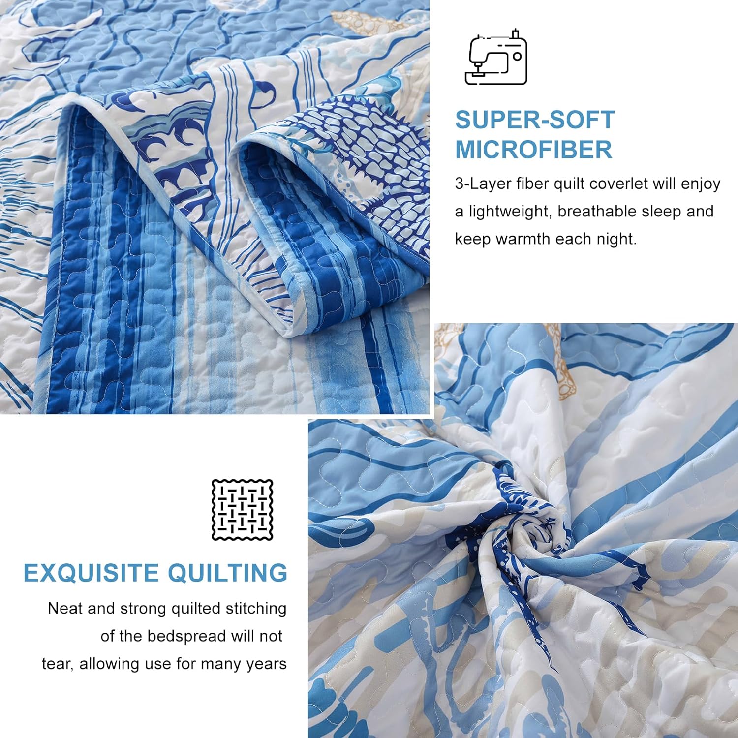 Coastal Quilt Set 3 Piece Queen Size Blue