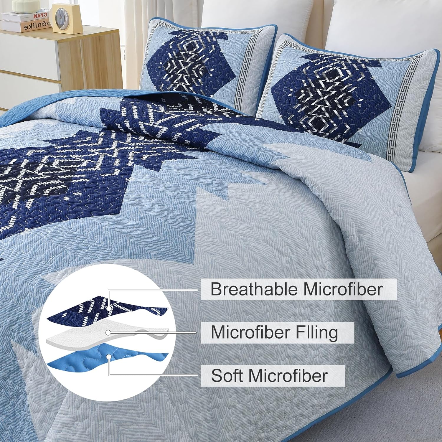 Dintszyayue Blue Boho Quilt Set Queen Size 3 Piece
