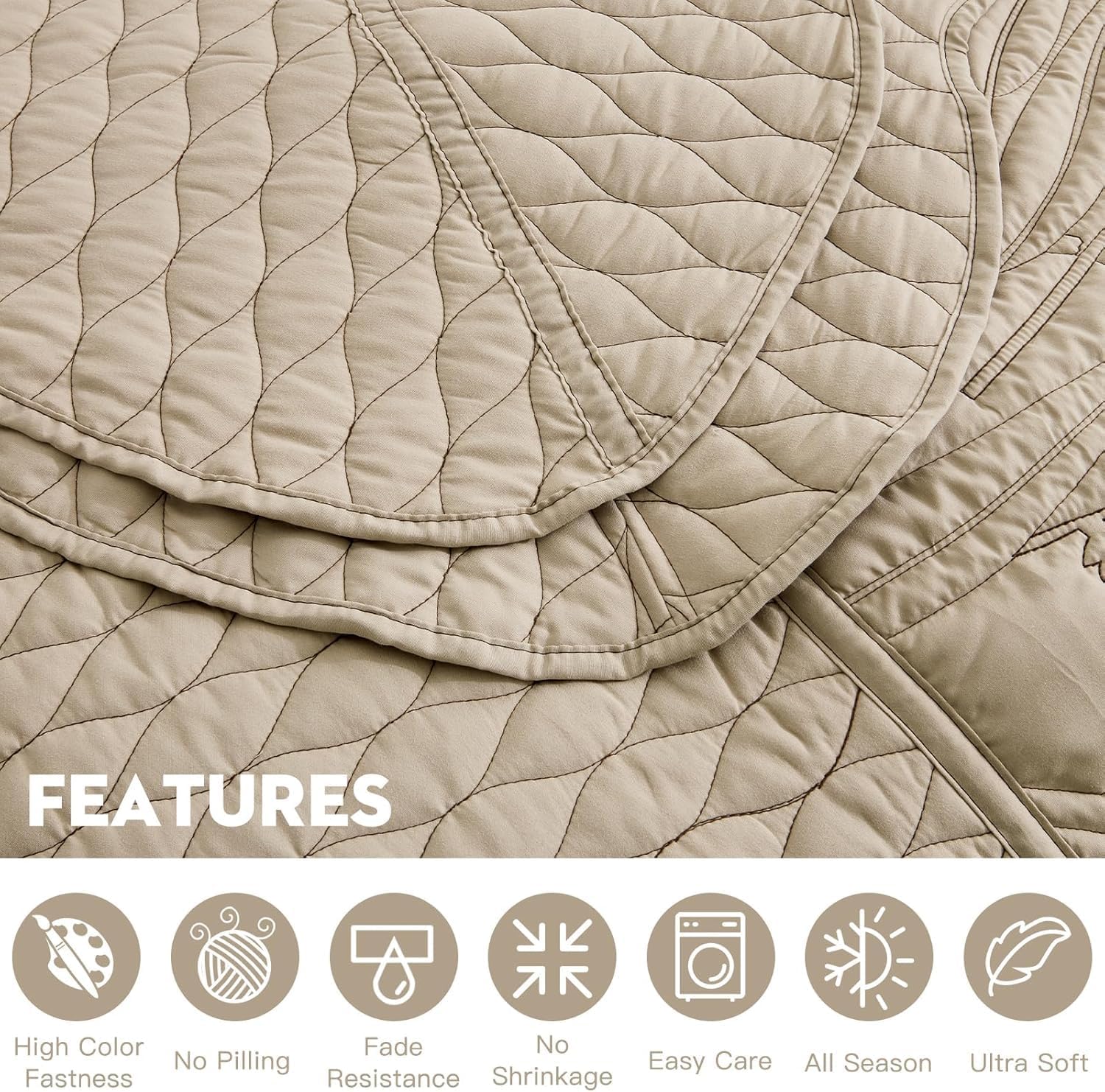 Botanical Bedspread Full Size Set - Leaves Pattern Stitched Quilt Cover