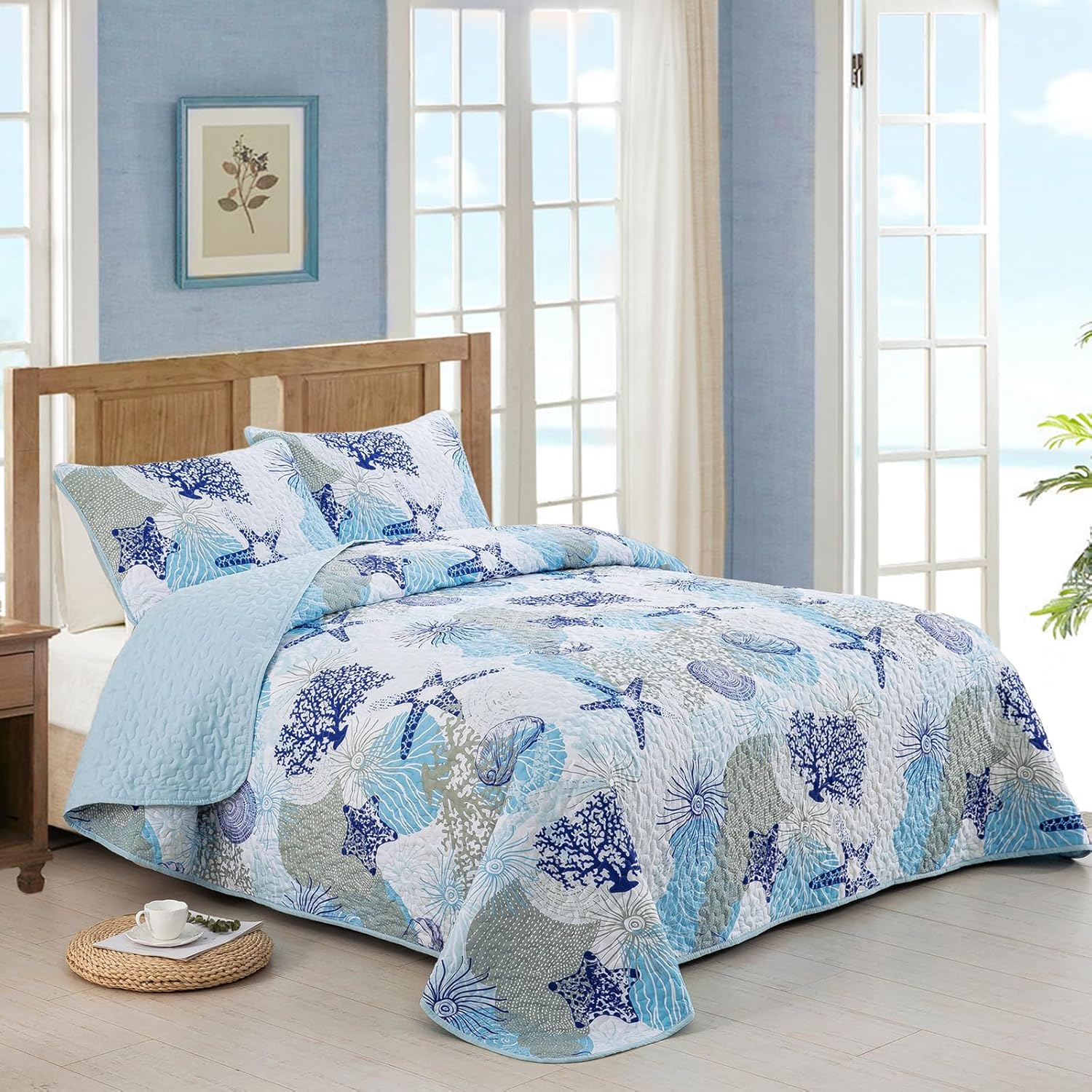 Dinjoy Coastal Quilt Set Full Size Blue Ocean 1