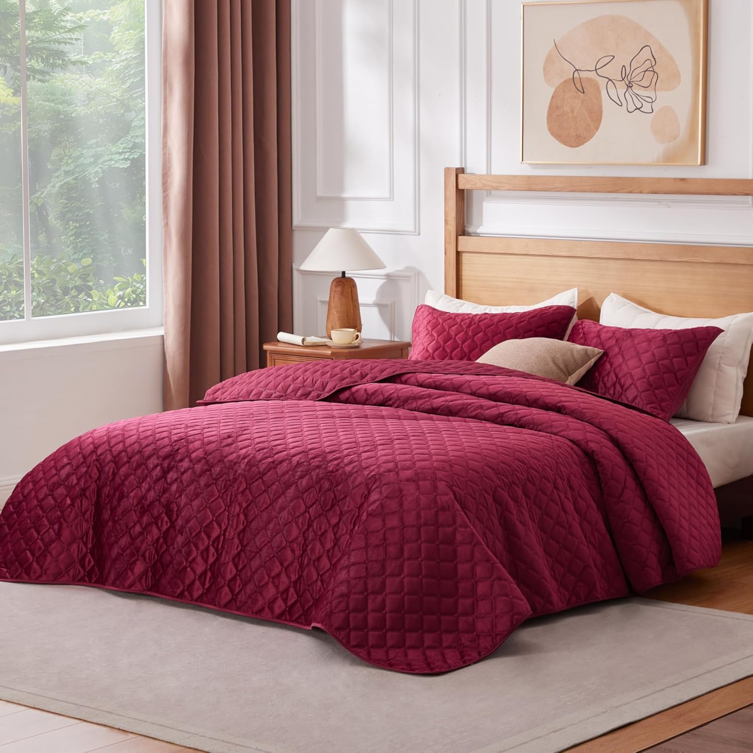 Sophia William Velvet King Quilt Set 3D Air Layer Super Soft Lightweight Burgundy