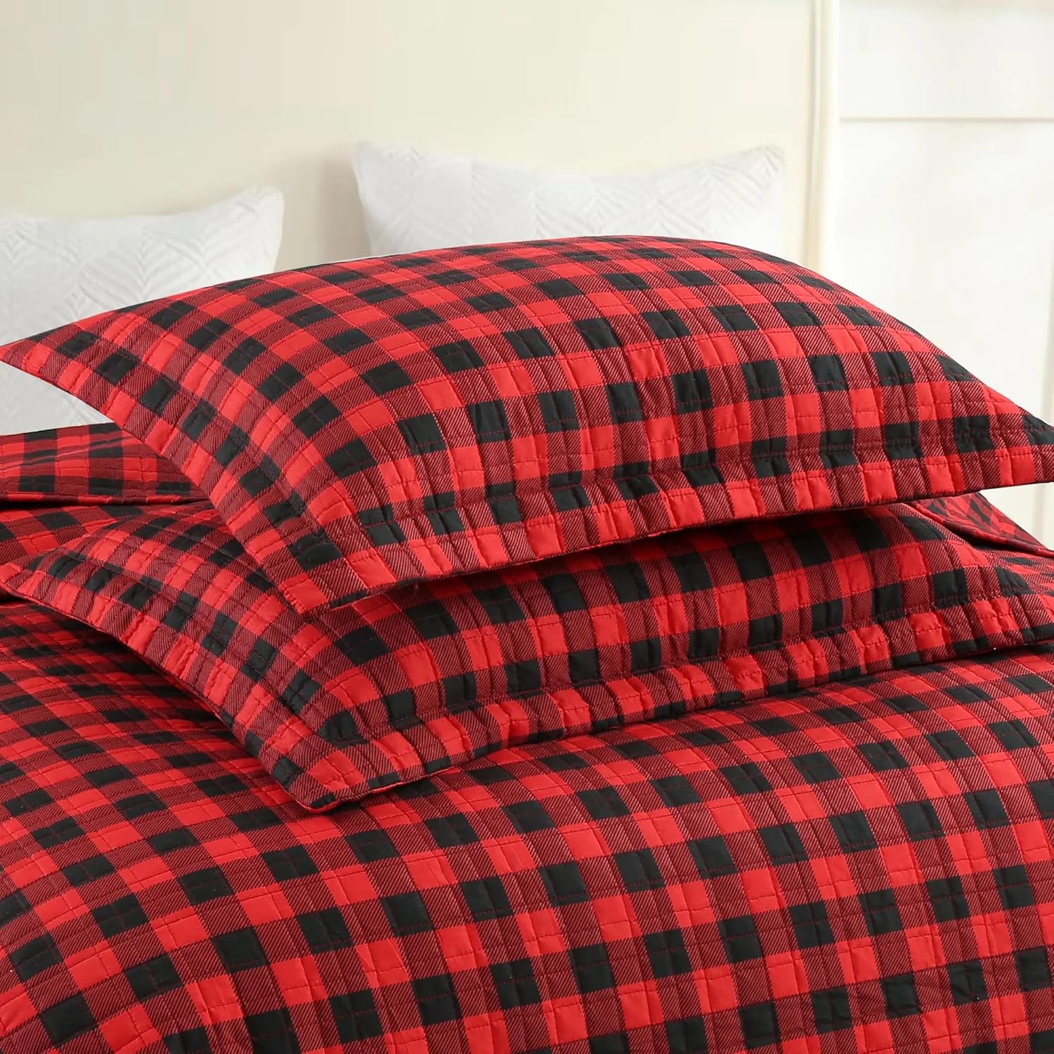 MarCielo 3 Piece Christmas Quilt Set Buffalo Red Queen