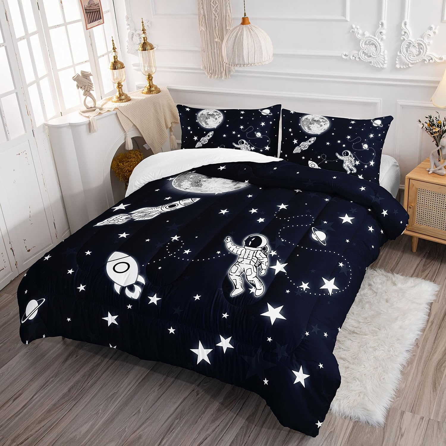 Kids Comforter Set Astronaut Space Rocket Pattern Twin 68x86