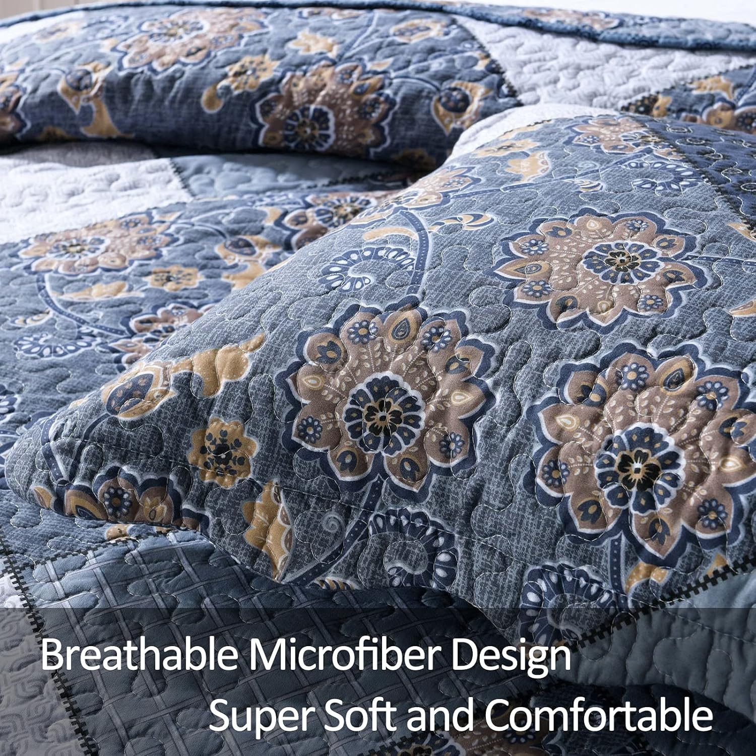 ENJOHOS Navy Blue Plaid Floral Quilt Set King Size 98x106