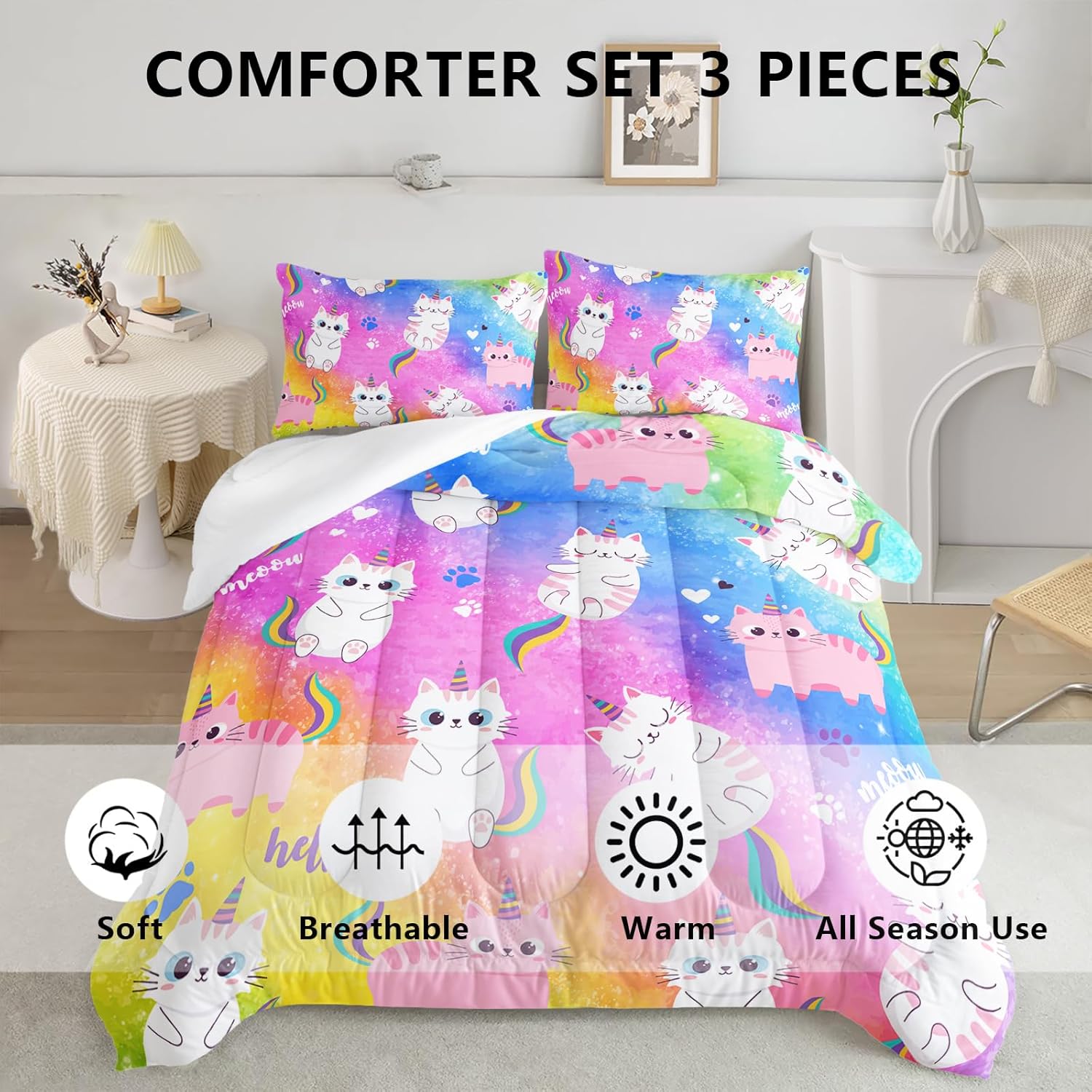 Axolotl Cat Bedding Set 3Pcs Comforter Pillow Cases
