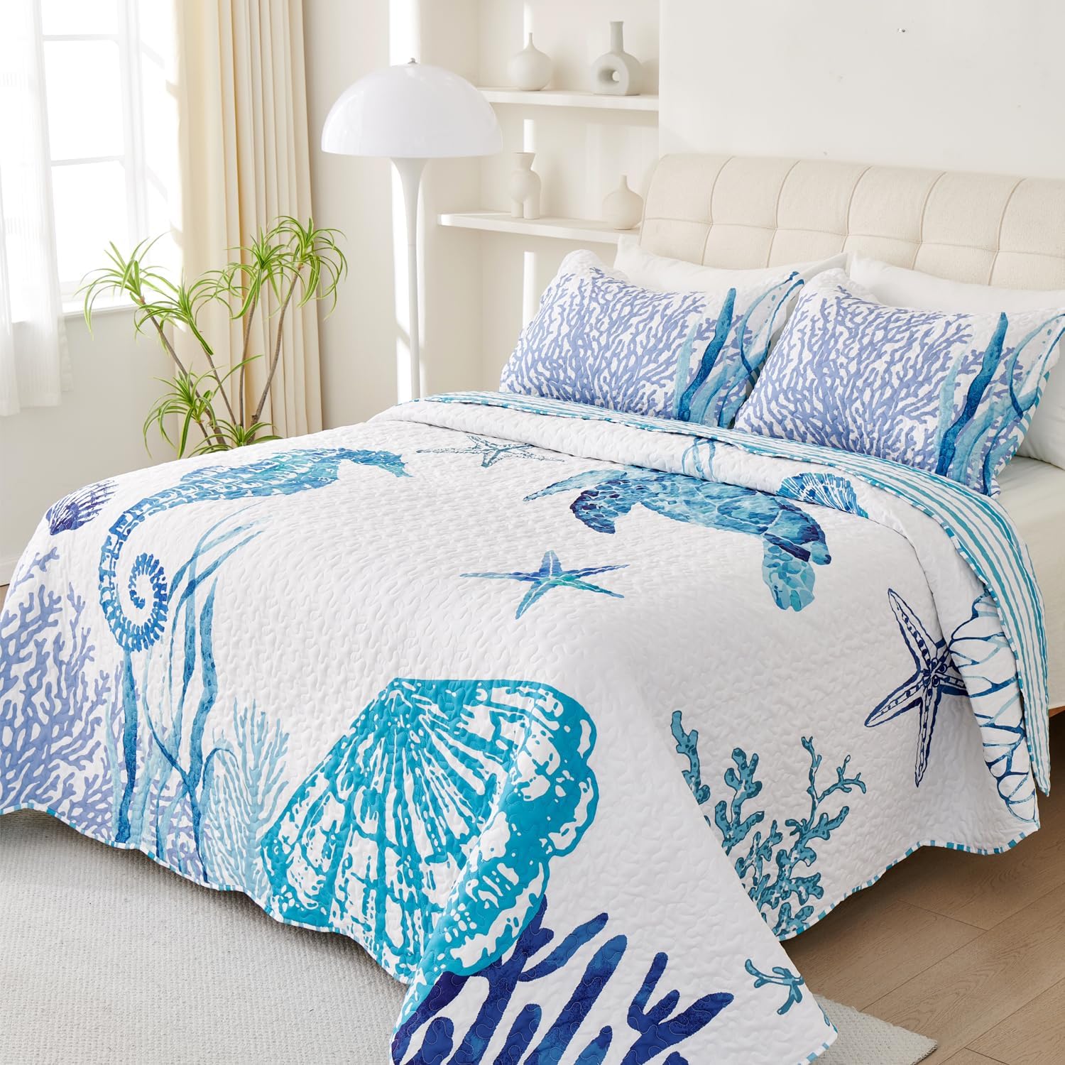 EVENHUG Reversible Coastal Quilt Set Queen Size 3 Piece