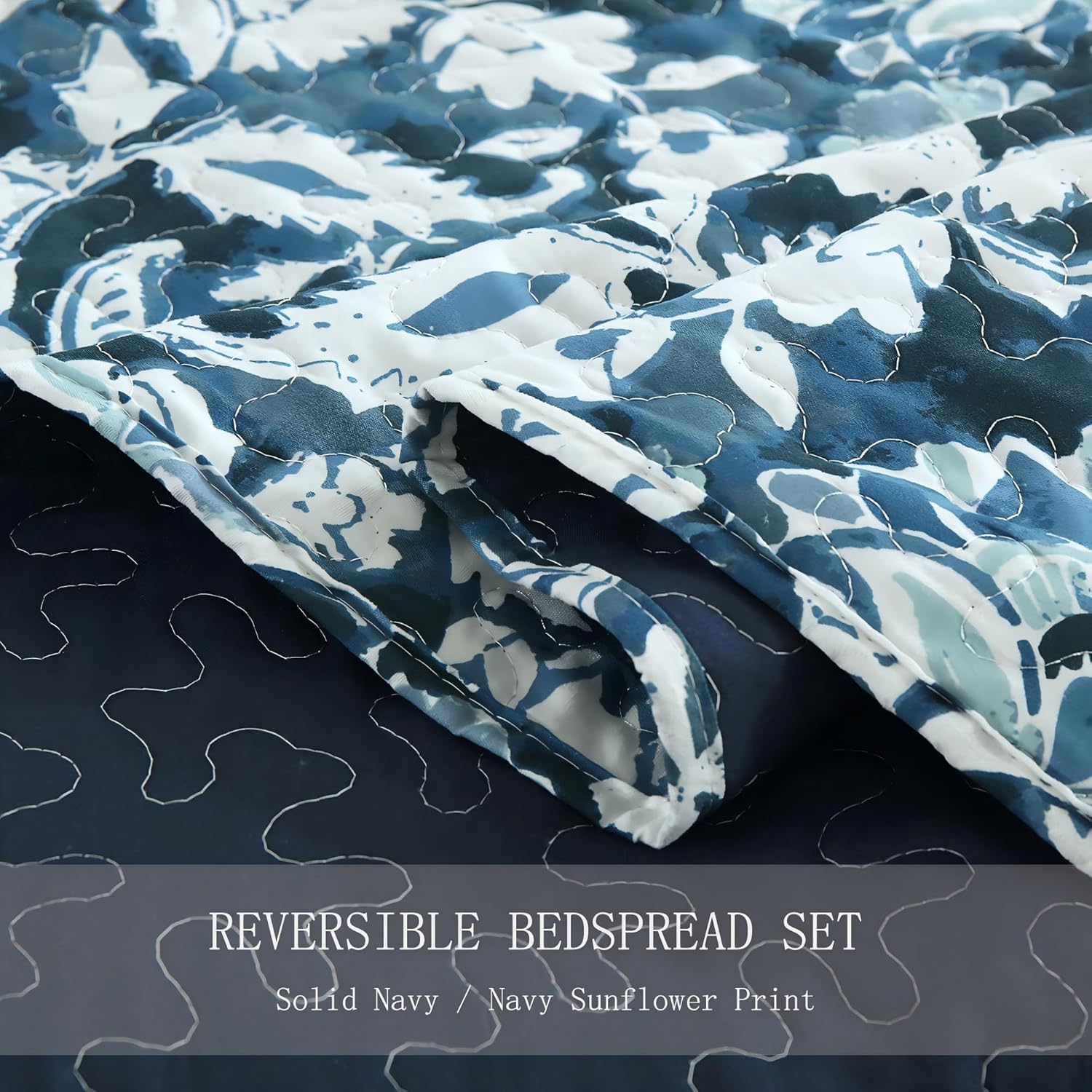 Boryard King Quilt Set Navy Blue Paisley Sunflower Print