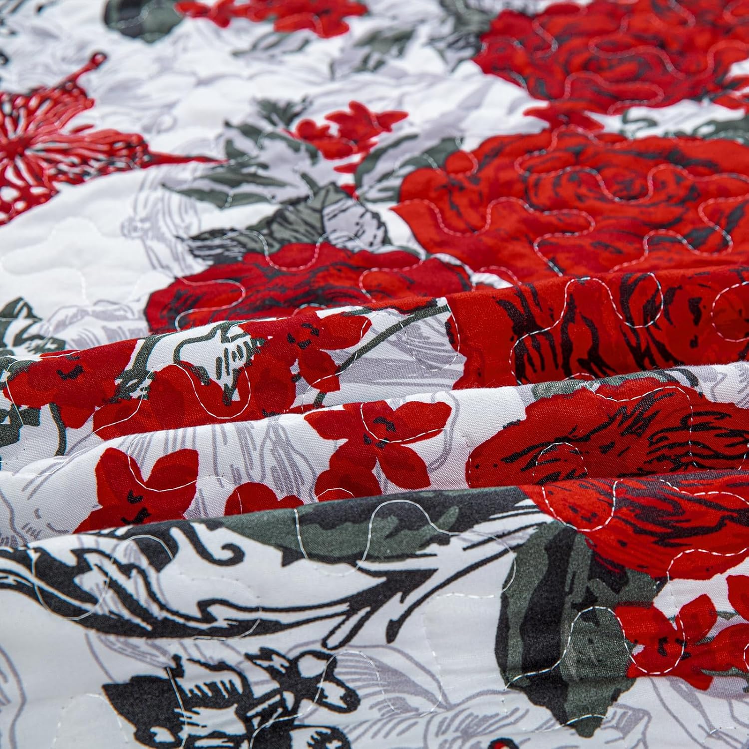 Yiran Red Floral Quilt Set King 3 Pieces