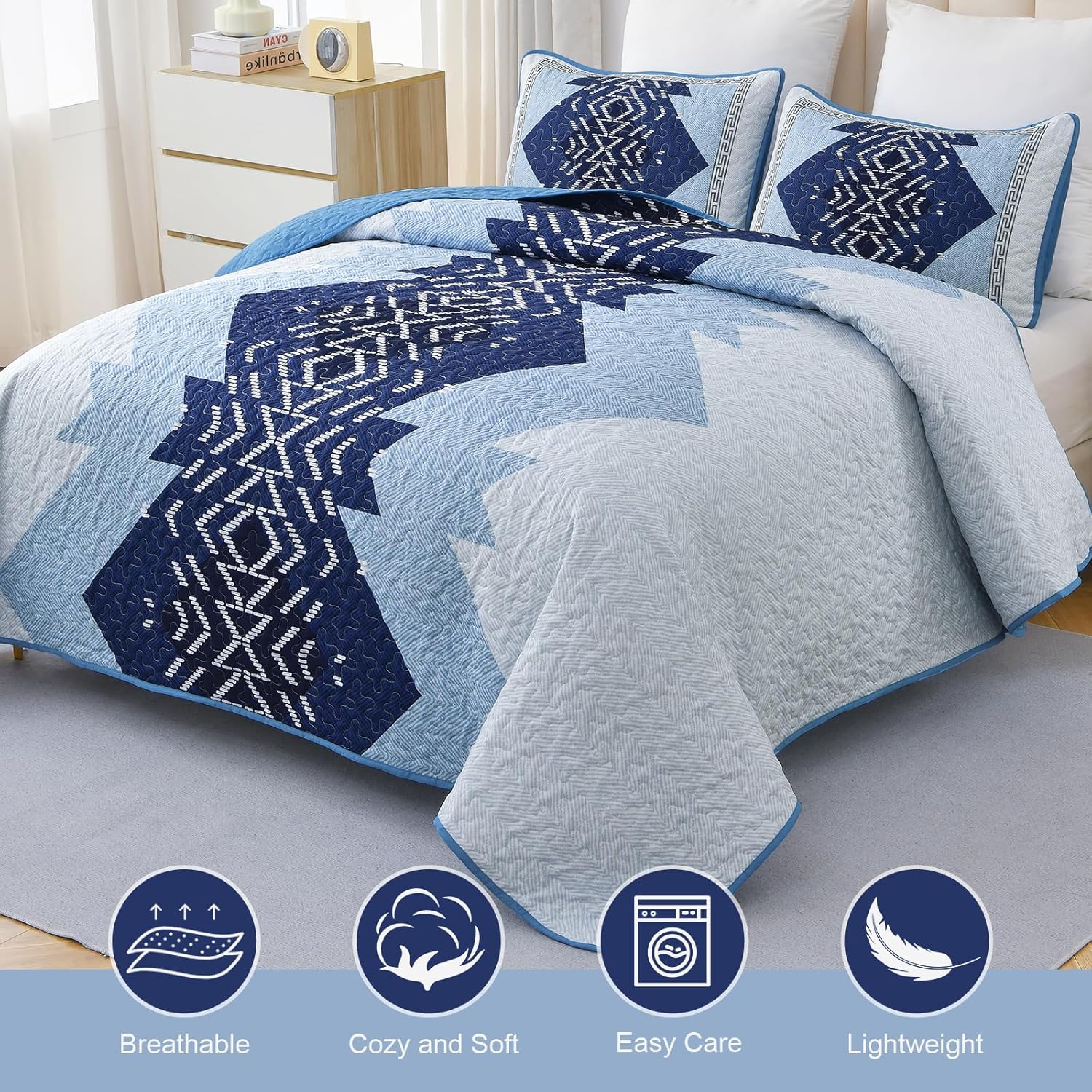 Dintszyayue Blue Boho Quilt Set Queen Size 3 Piece