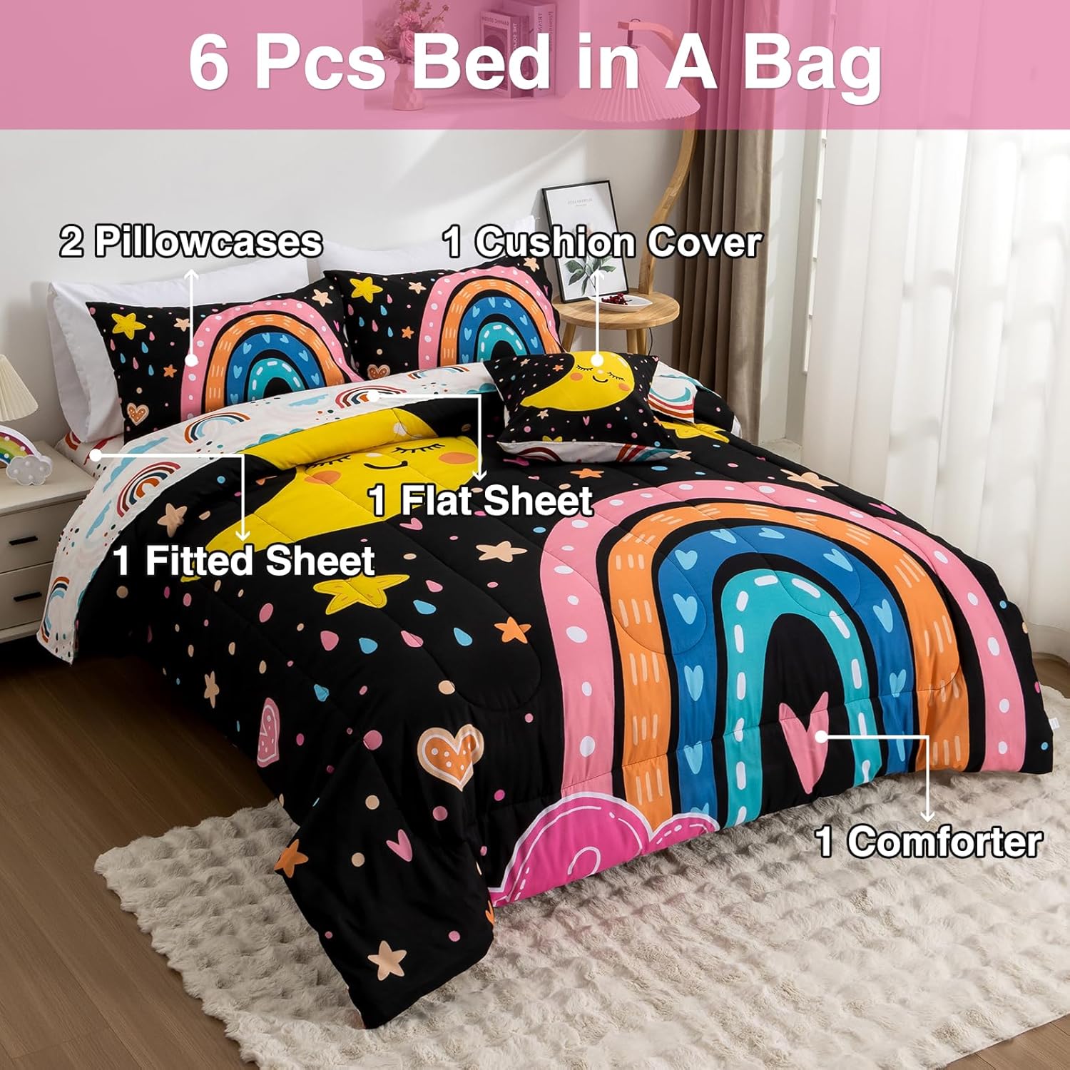 A Nice Night Cartoon Rainbow Comforter Set 6 Pcs Twin