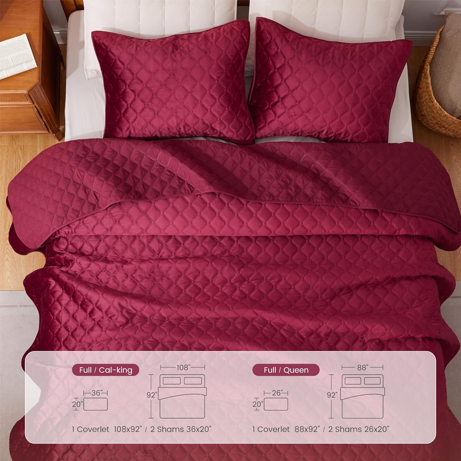 Sophia William Velvet King Quilt Set 3D Air Layer Super Soft Lightweight Burgundy