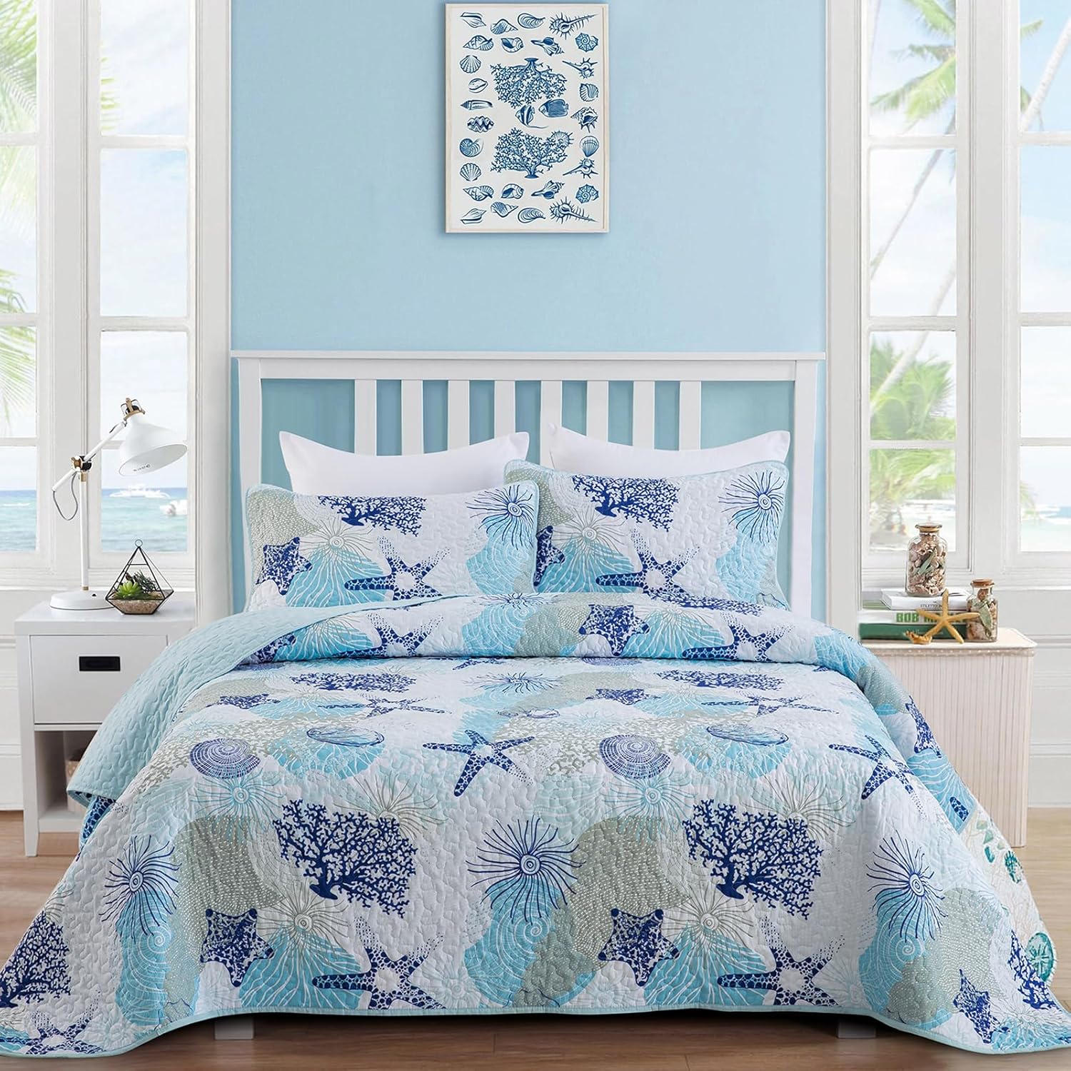 Dinjoy Coastal Quilt Set Full Size Blue Ocean 1