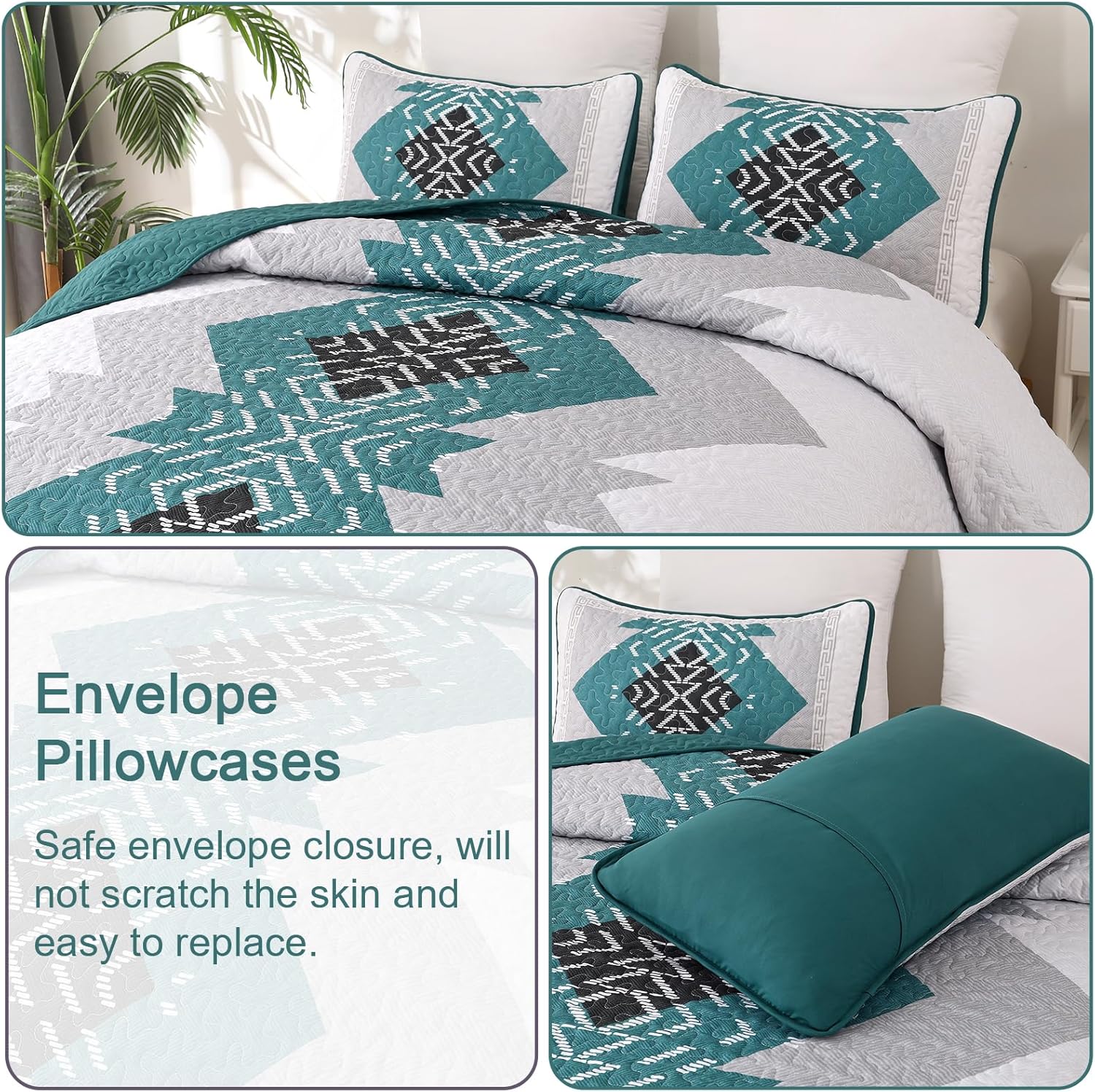 Dintszyayue Teal Boho Quilt Set 3 Pieces King Size