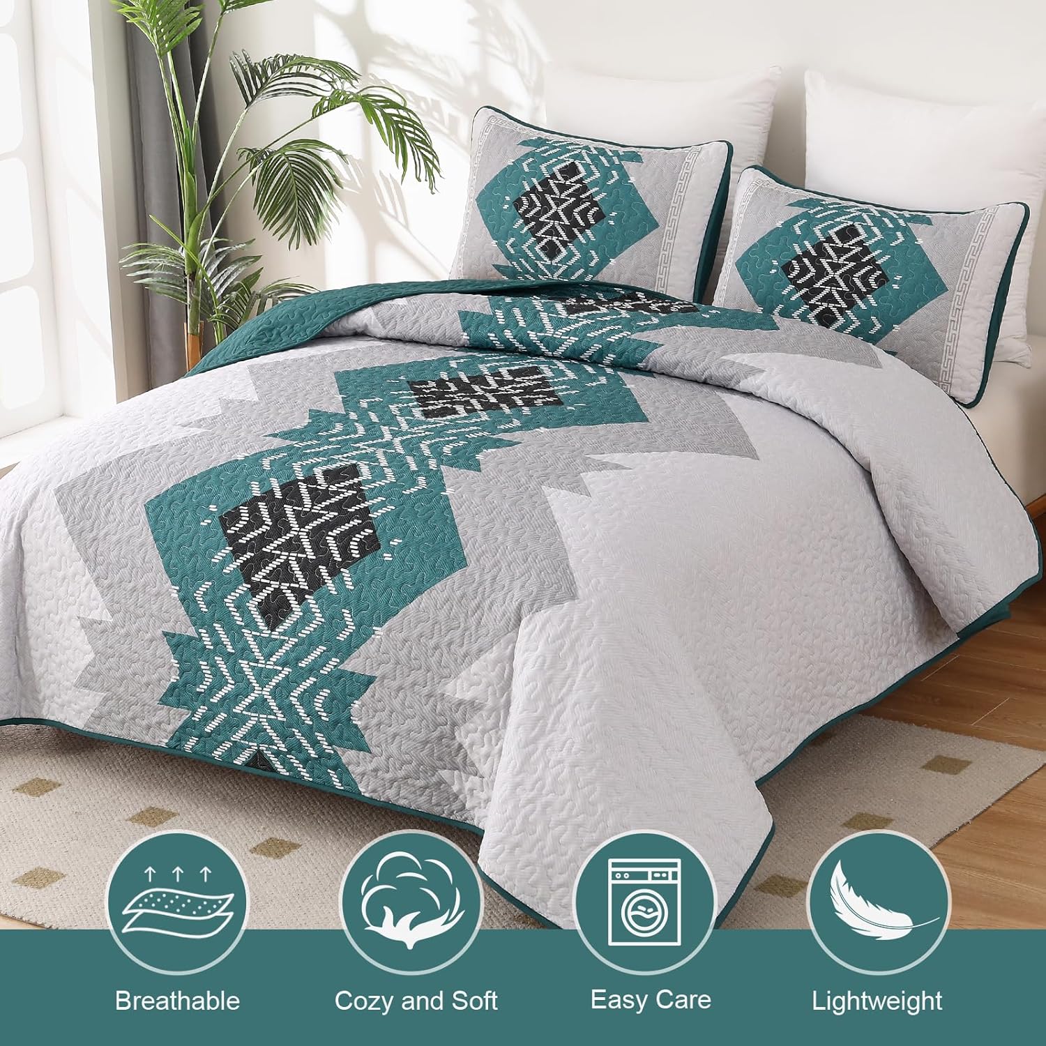 Dintszyayue Teal Boho Quilt Set 3 Pieces King Size