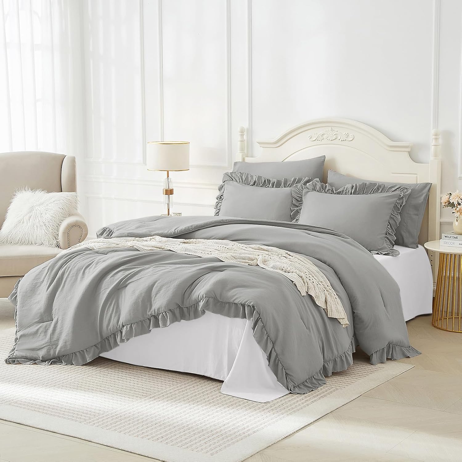 ARTALL Twin Ruffled Comforter Set - Light Grey