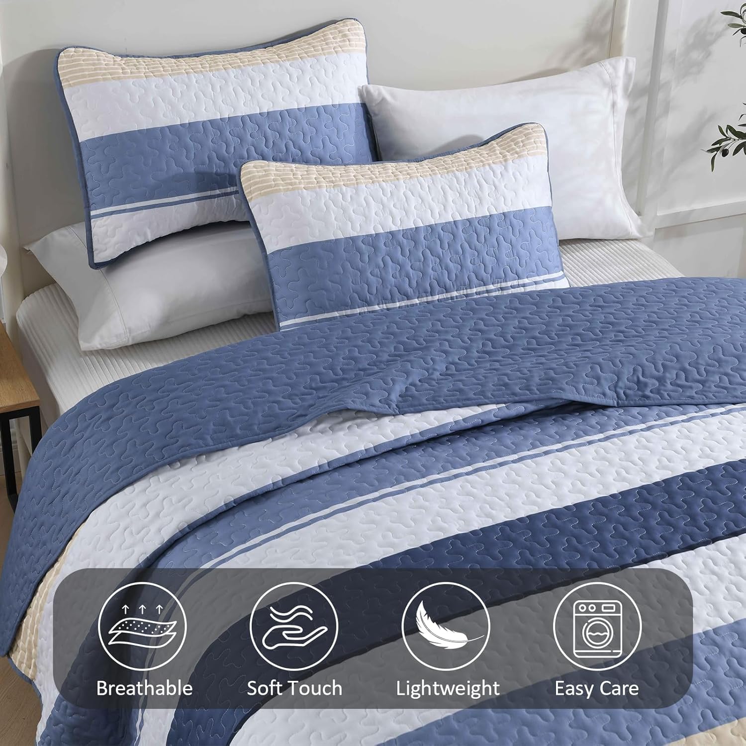 Dinjoy Blue King Quilt Set - Boho Beige Striped Lightweight 3 Piece Bedding