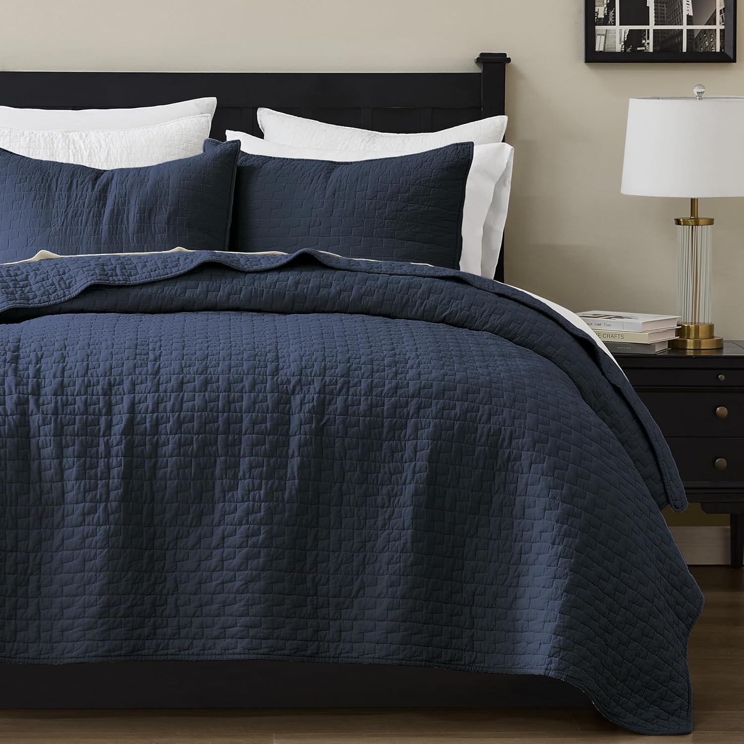 Palassio Navy Blue Cotton Quilt Twin Set with Pillow Sham