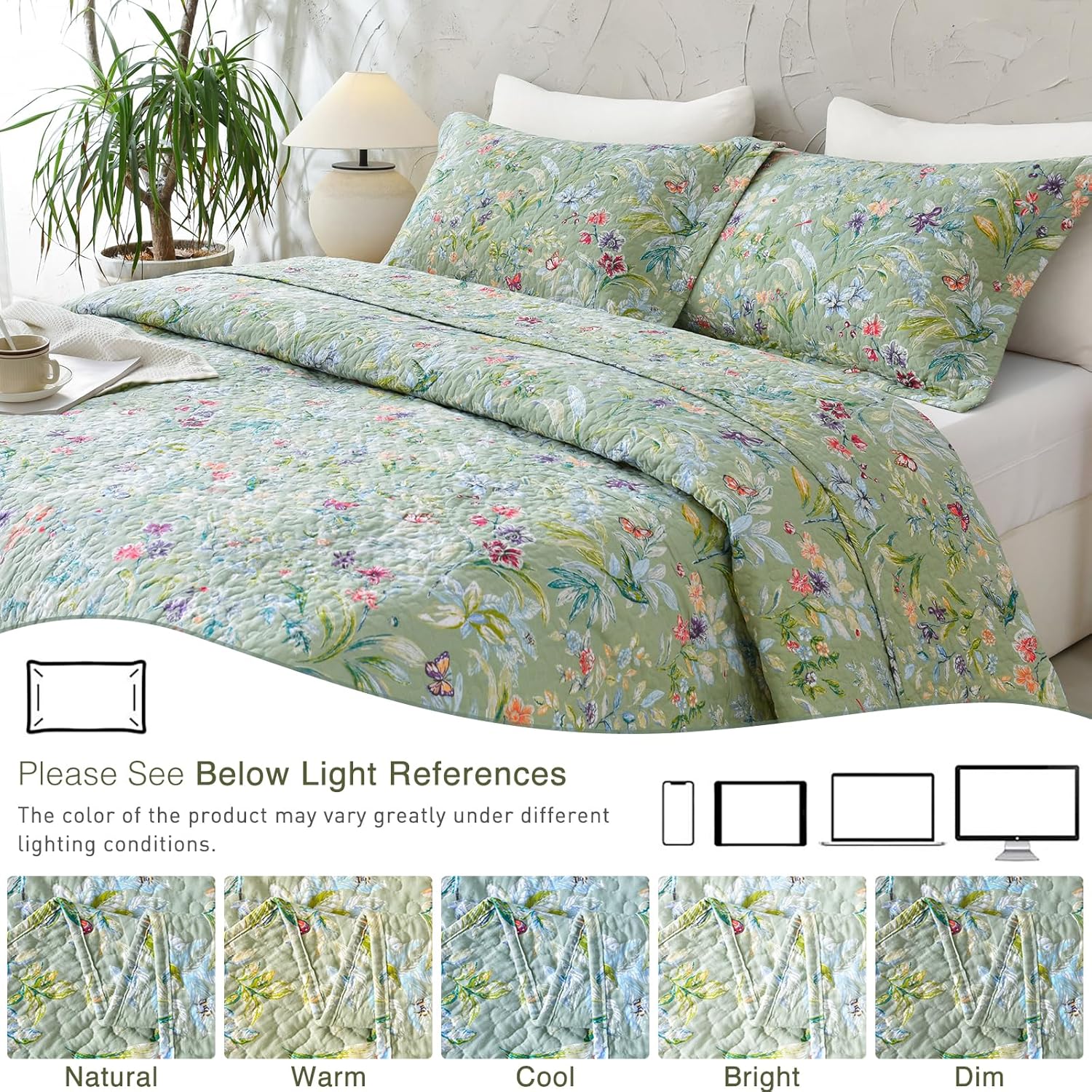 QSH Cotton Floral Queen Bedspread Set 3Pcs Green Summer