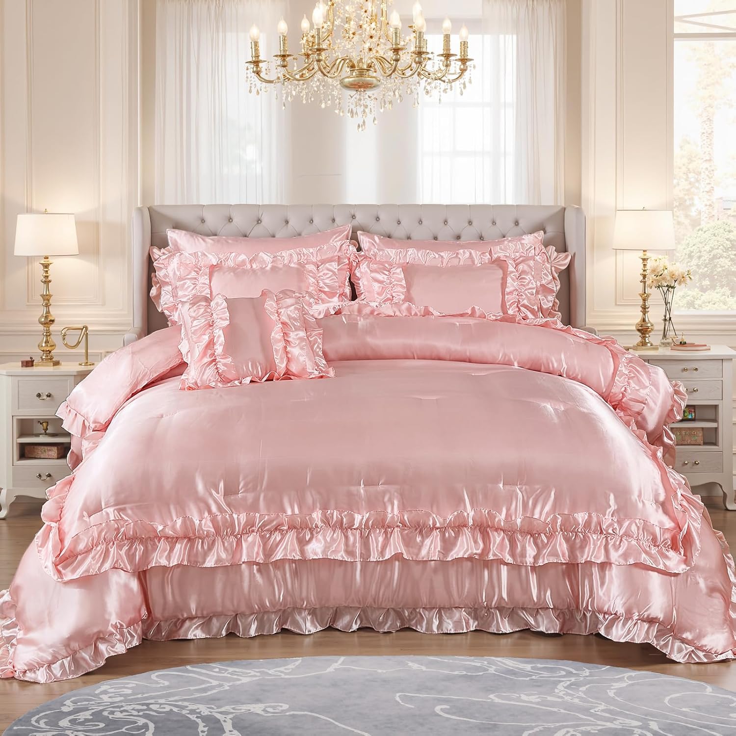 MOVE OVER Satin Comforter Set King Size 8 Pieces Pink